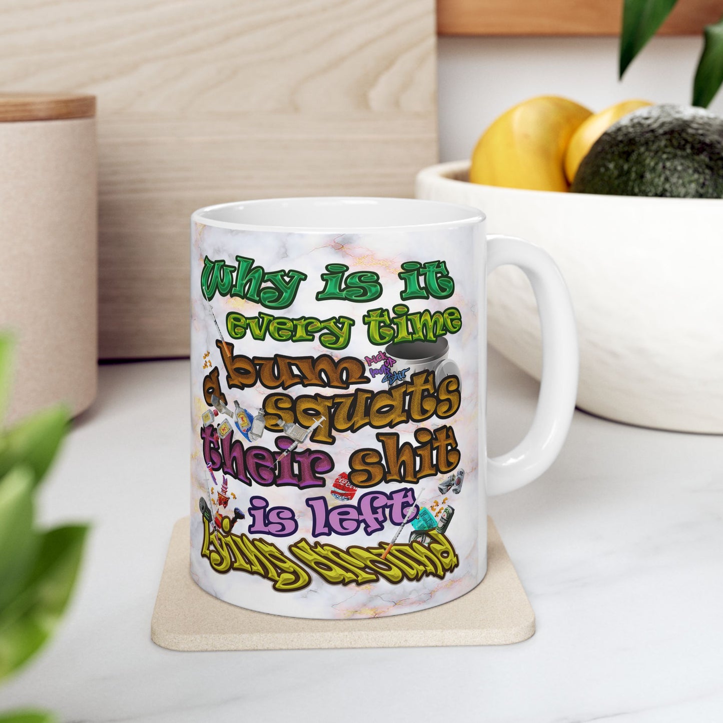 the bum's shit - White Mug (white marble)