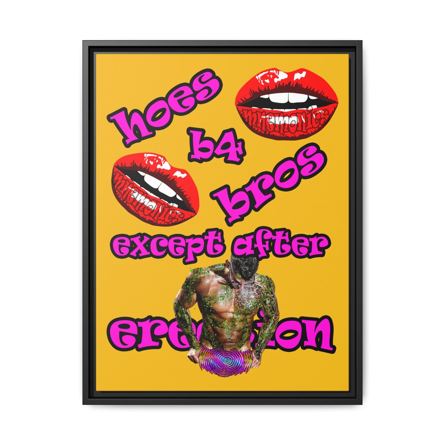 hoes b4 bros - framed canvas art (yellow)