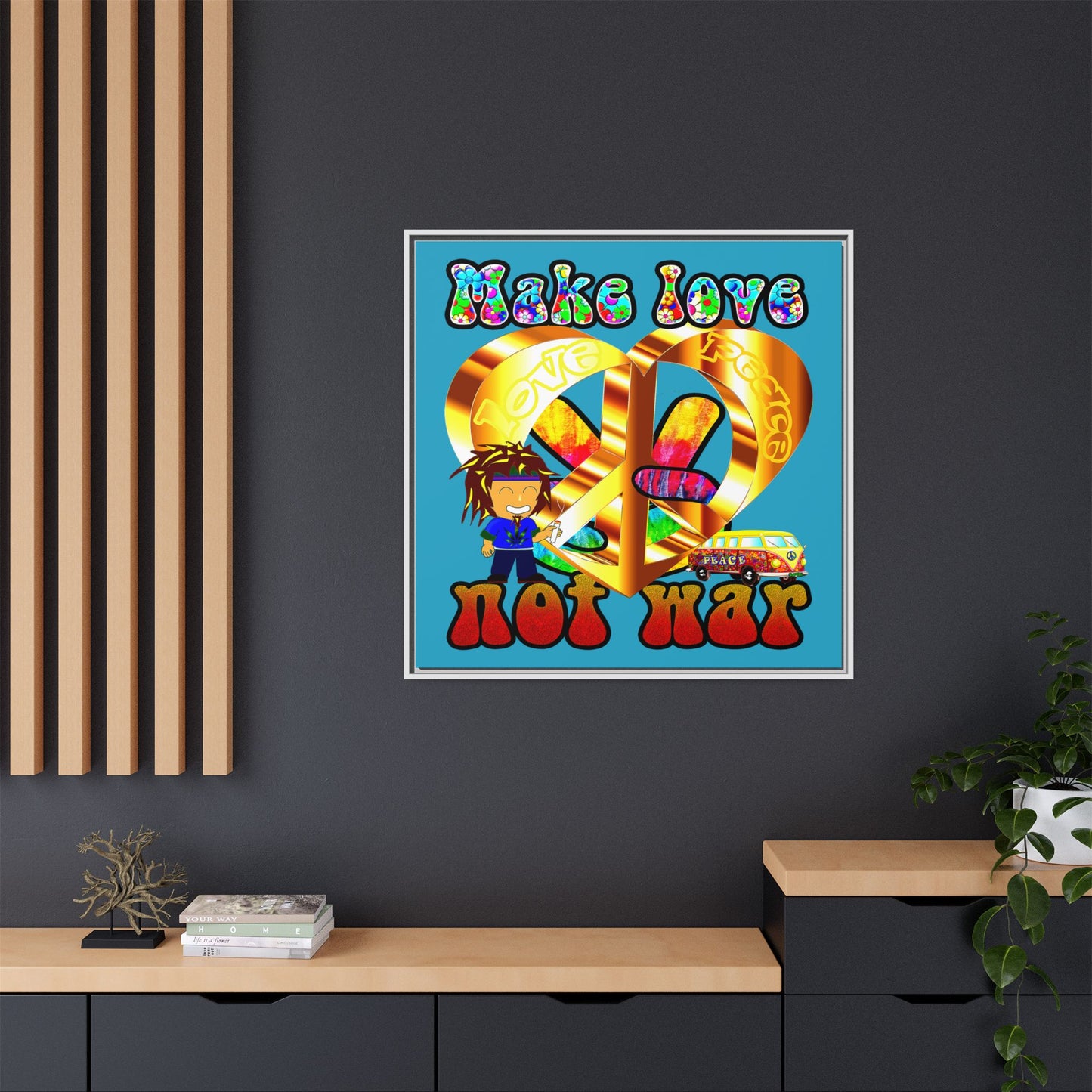 love peace - framed canvas art (turquoise)