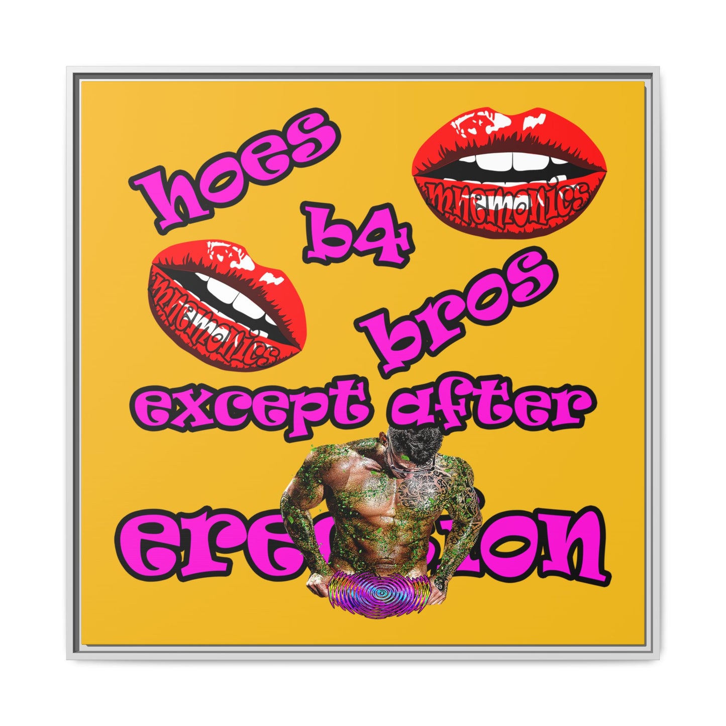 hoes b4 bros - framed canvas art (yellow)