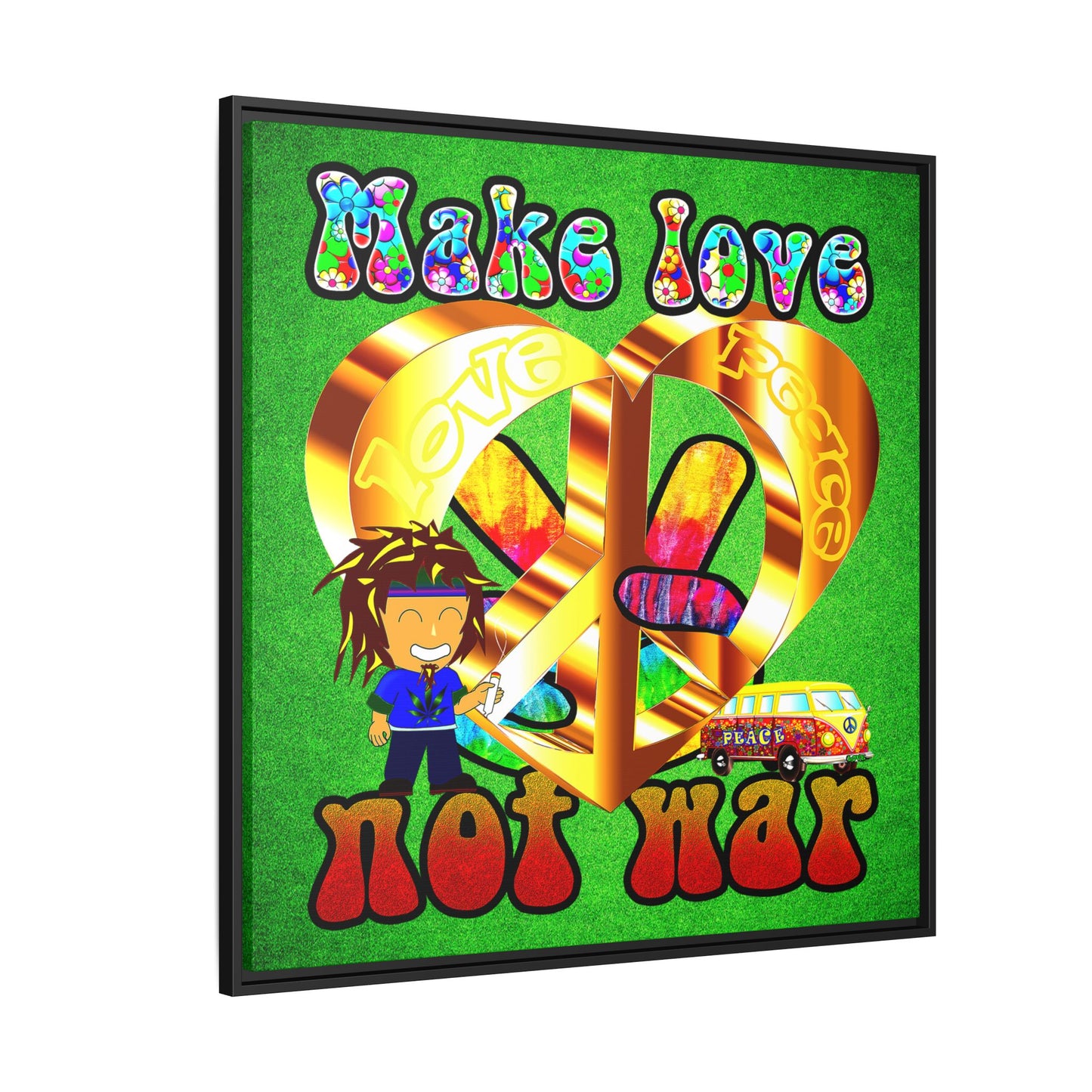 love peace - framed canvas art (green turf)