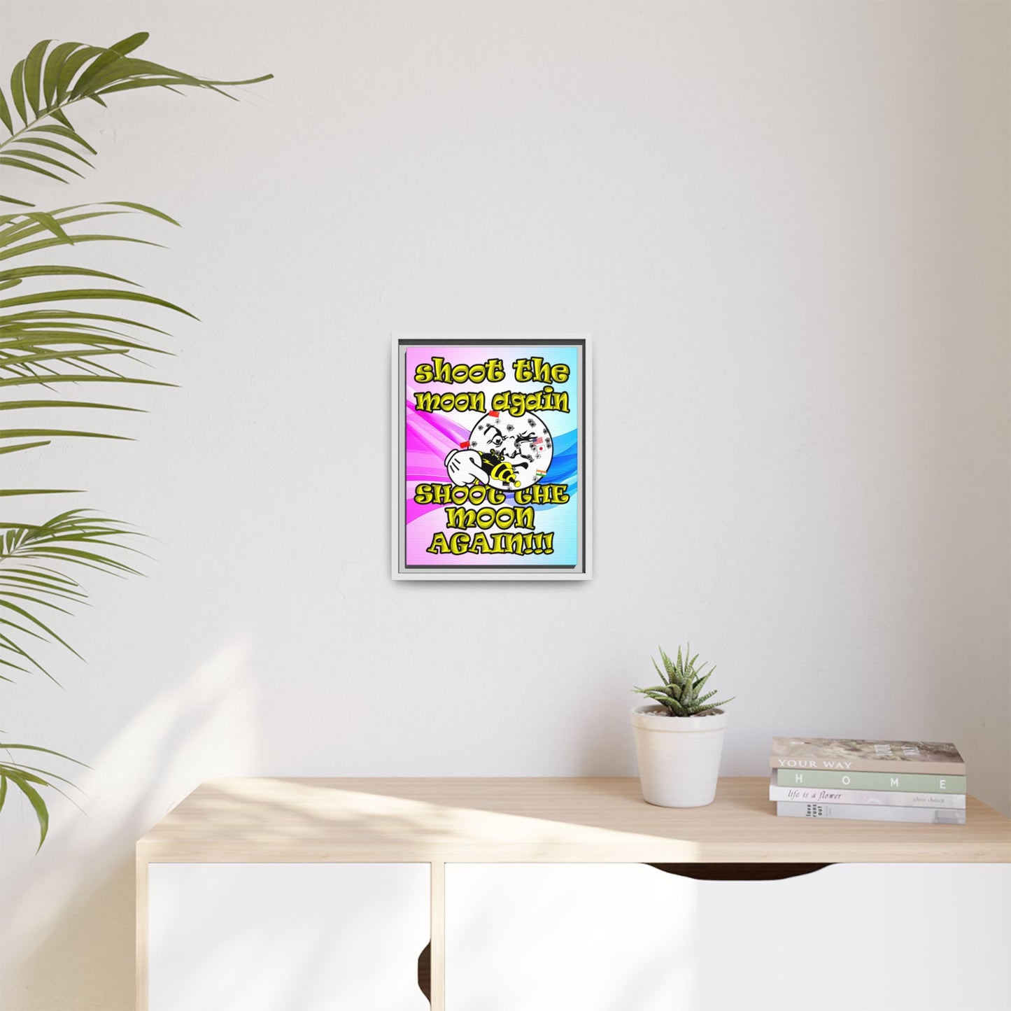 shoot the moon again - framed canvas art (light blue-pink wave)