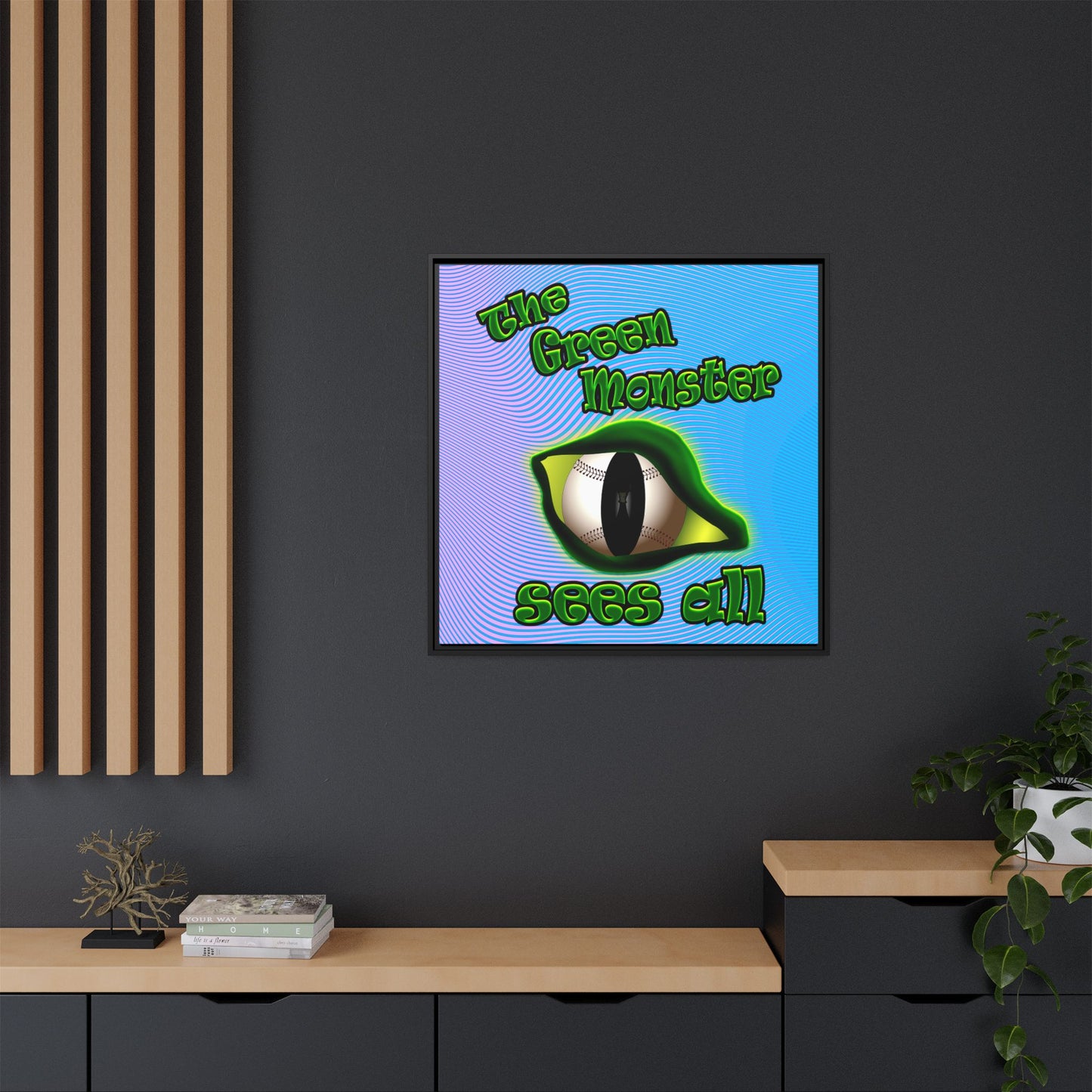 green monster - framed canvas art (light blue-purple wave)