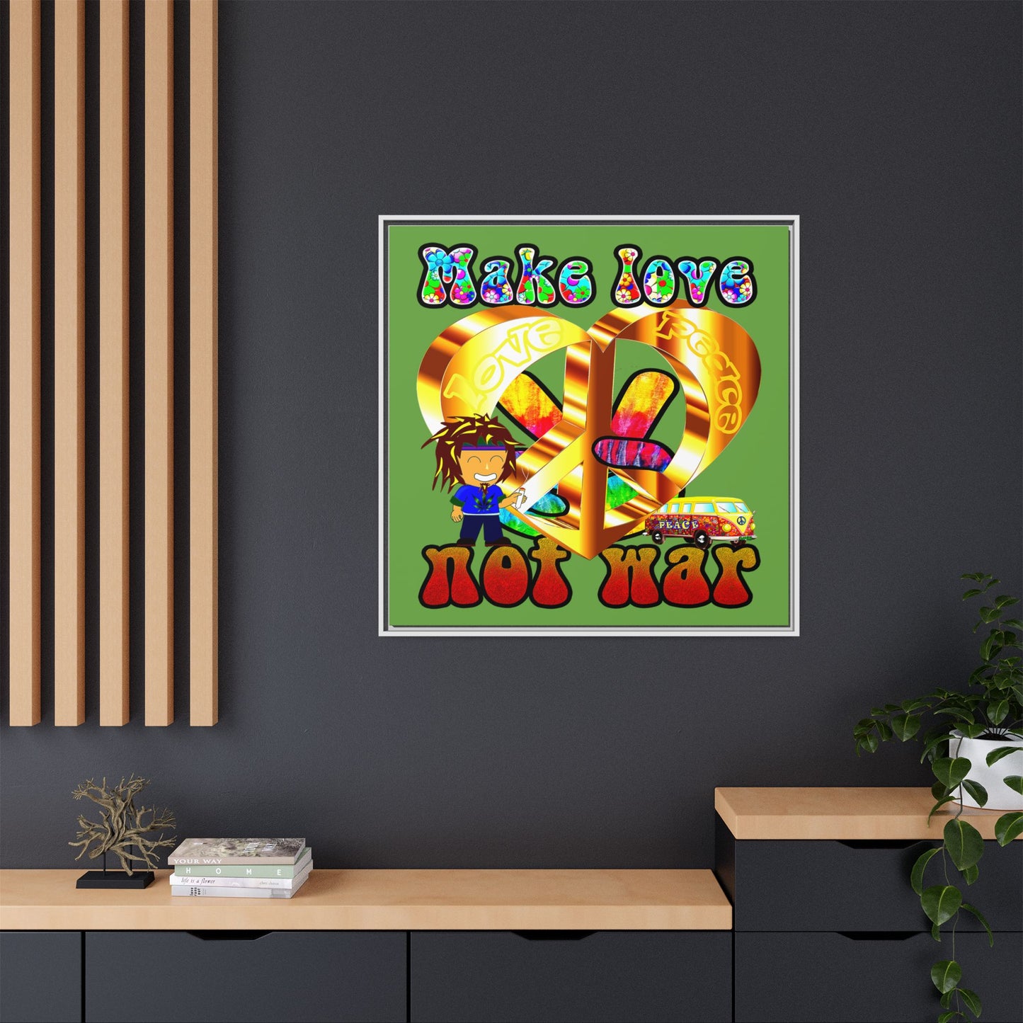 love peace - framed canvas art (green)