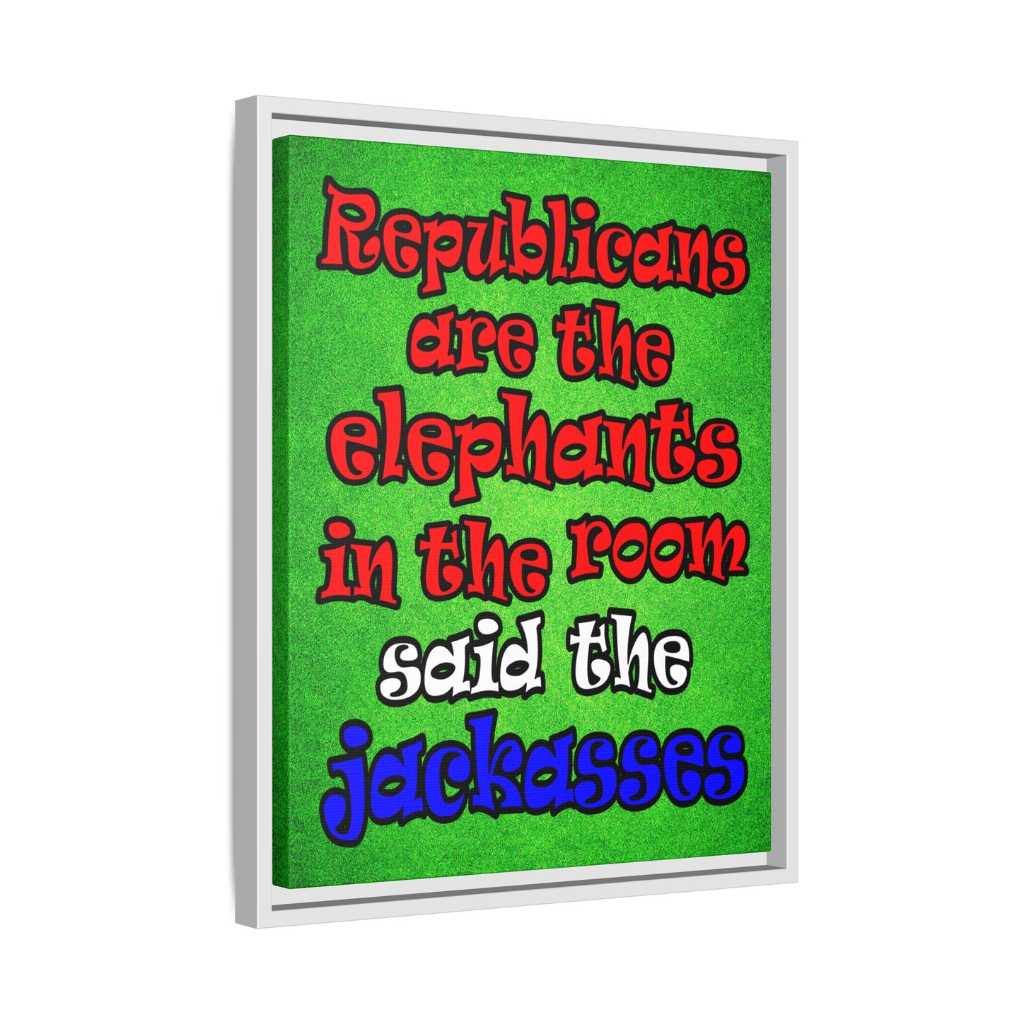 donkeys and elephants - framed canvas art (green turf)
