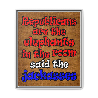 donkeys and elephants - framed canvas art (brown papyrus)