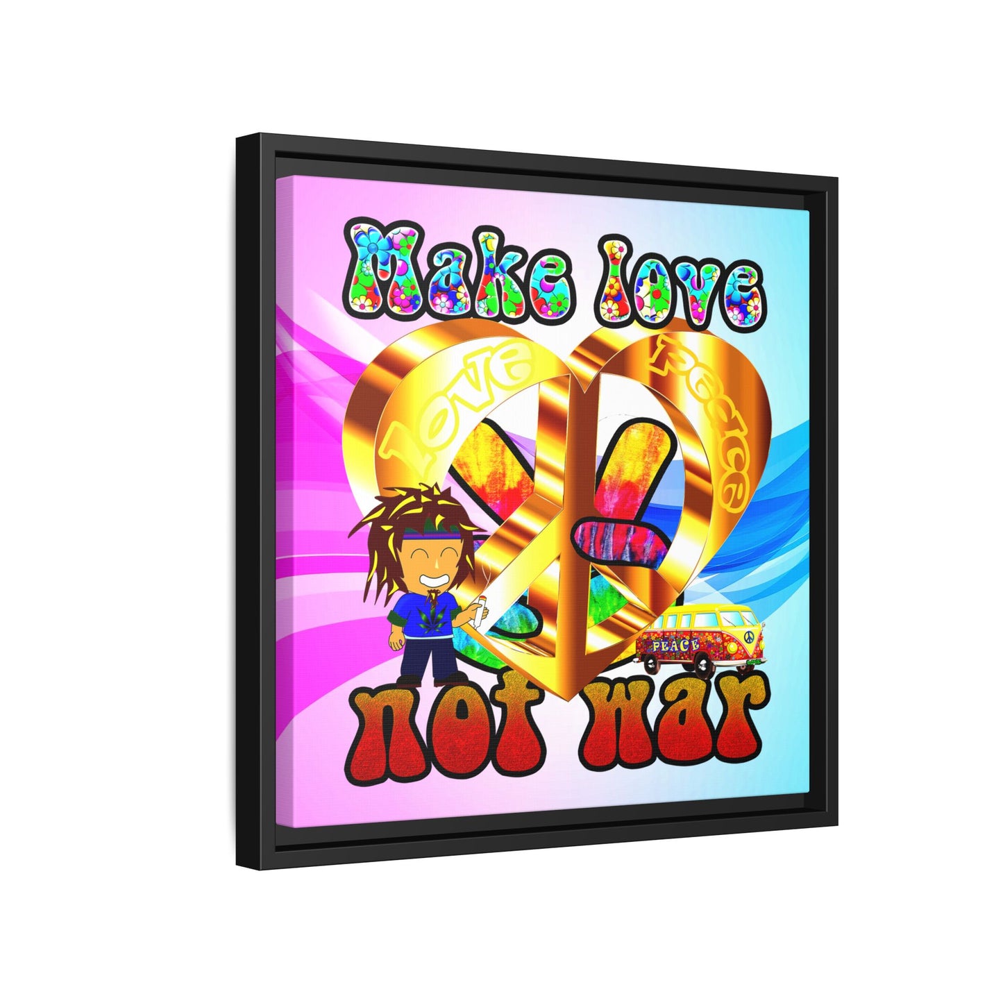 love peace - framed canvas art (light blue-pink wave)