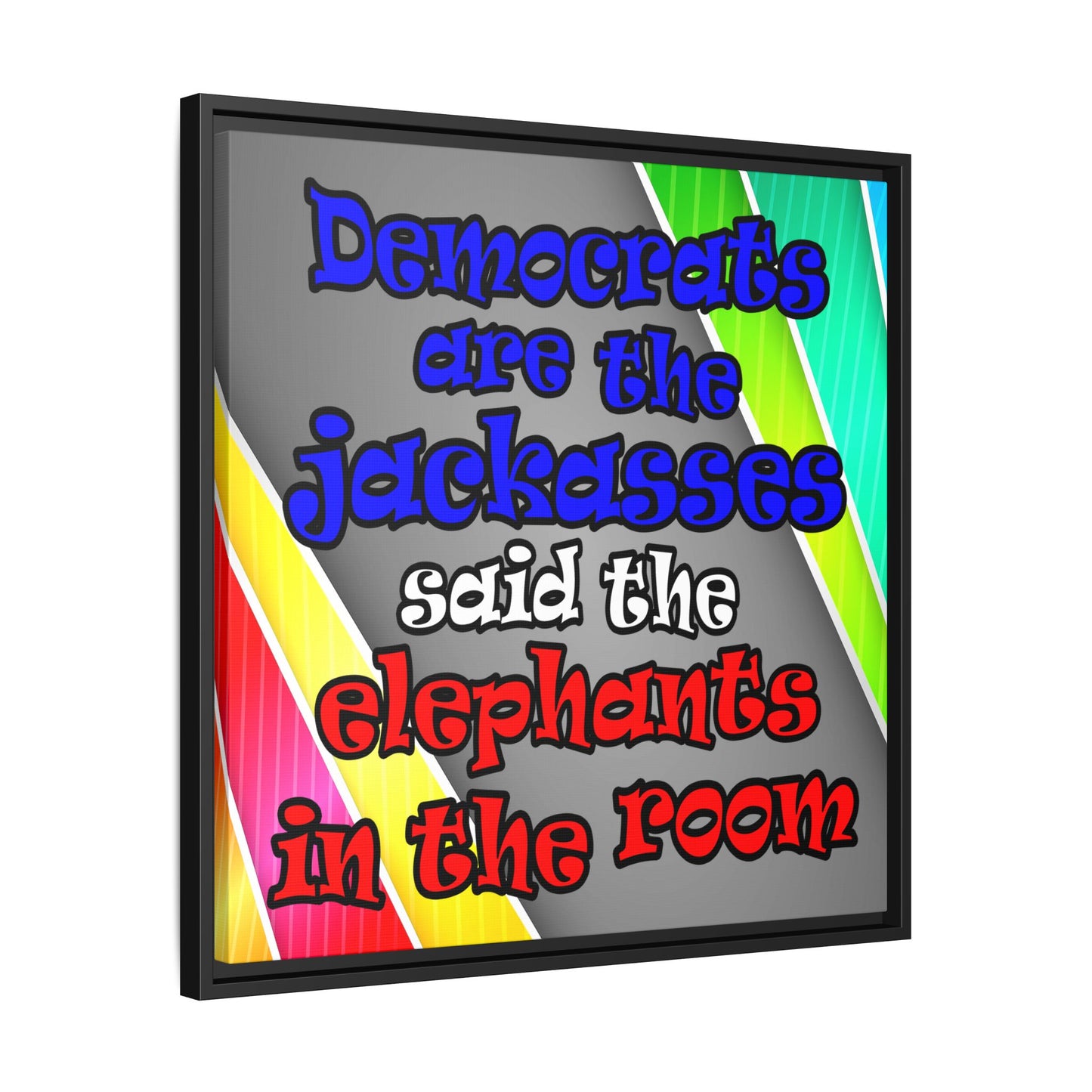 donkeys and elephants - framed canvas art (rainbow split)