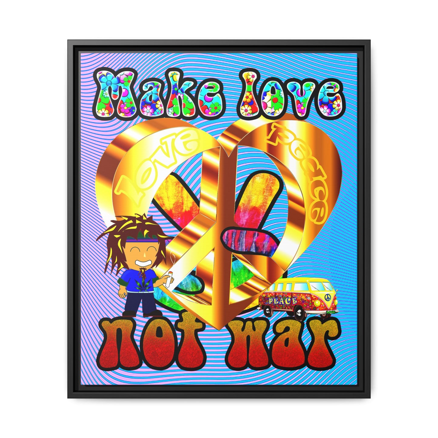 love peace - framed canvas art (light blue-purple wave)
