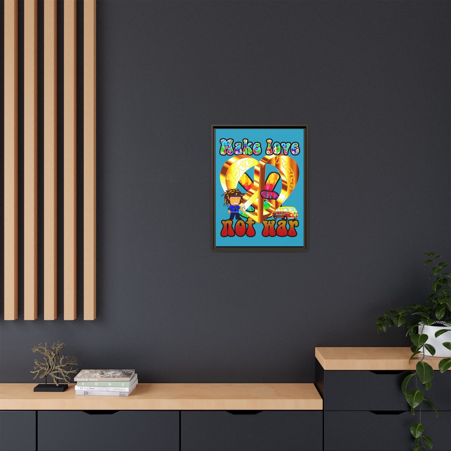 love peace - framed canvas art (turquoise)