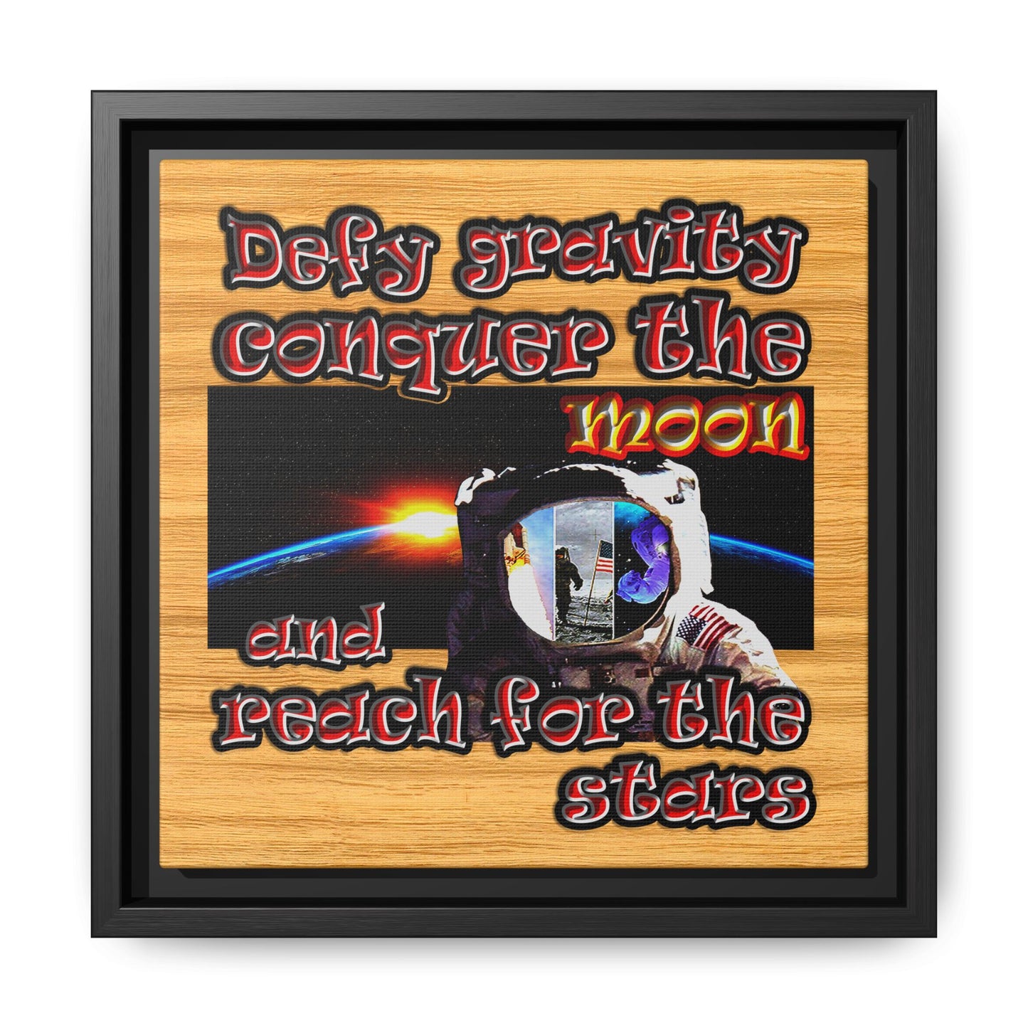 defy conquer reach - framed canvas art (butterscotch wood finish)