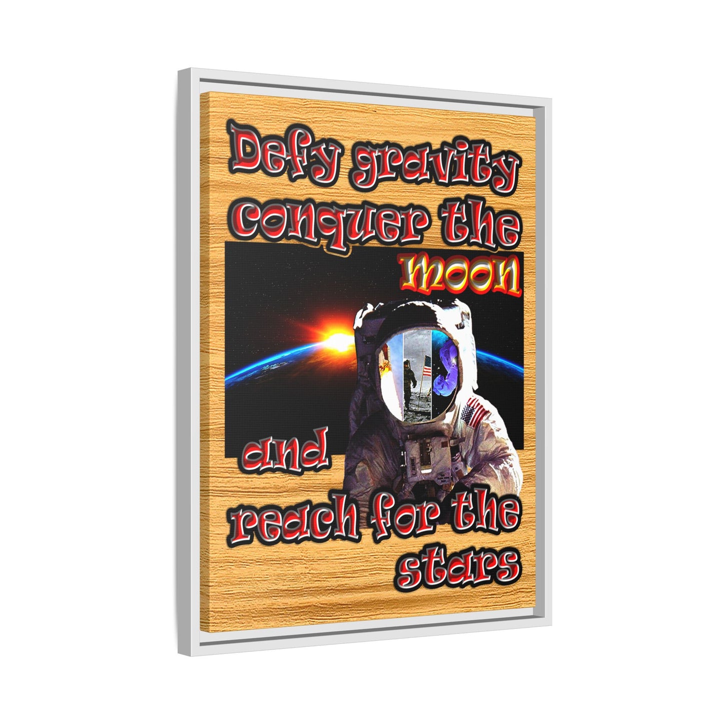 defy conquer reach - framed canvas art (butterscotch wood finish)