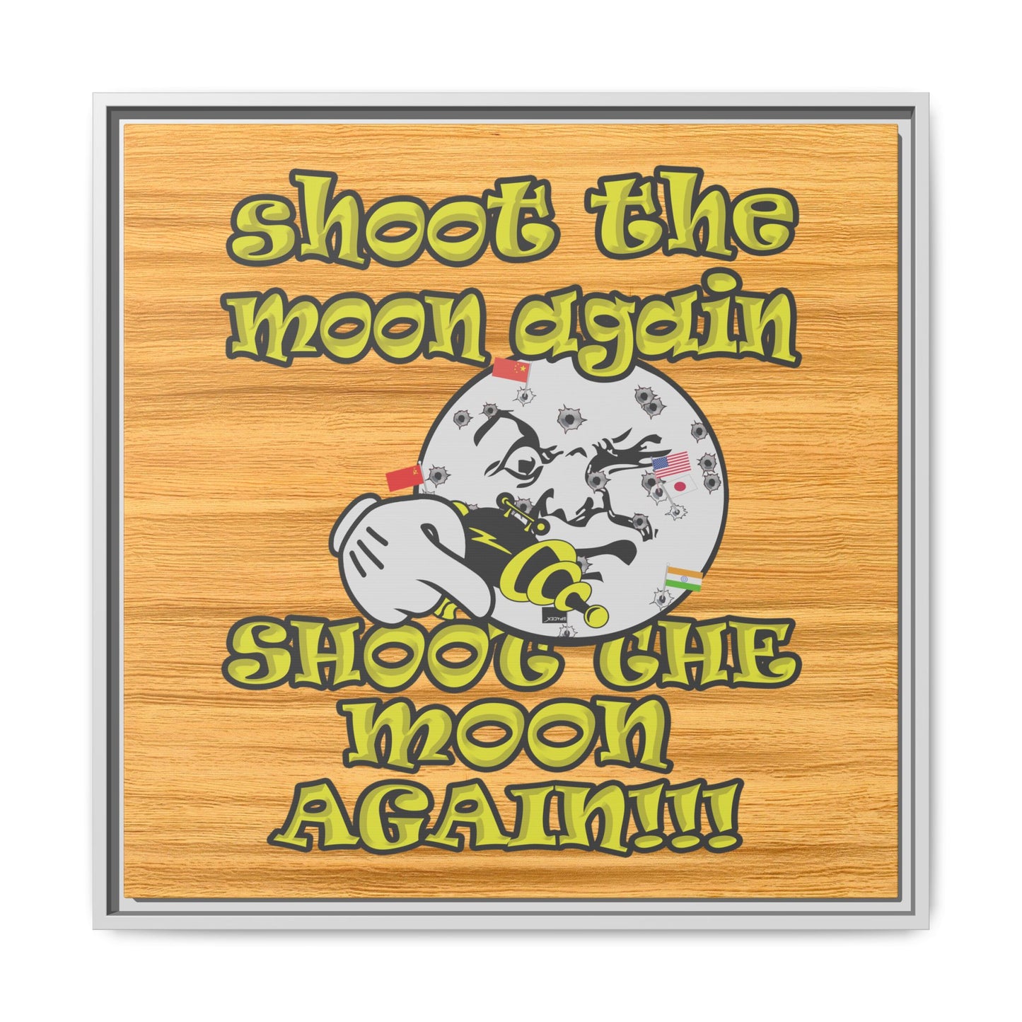 shoot the moon again - framed canvas art (butterscotch wood finish)