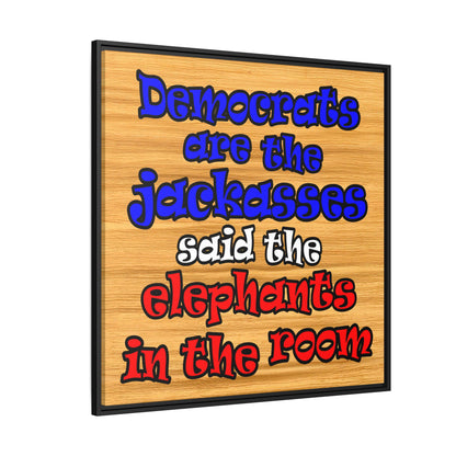 donkeys and elephants - framed canvas art (butterscotch wood finish)