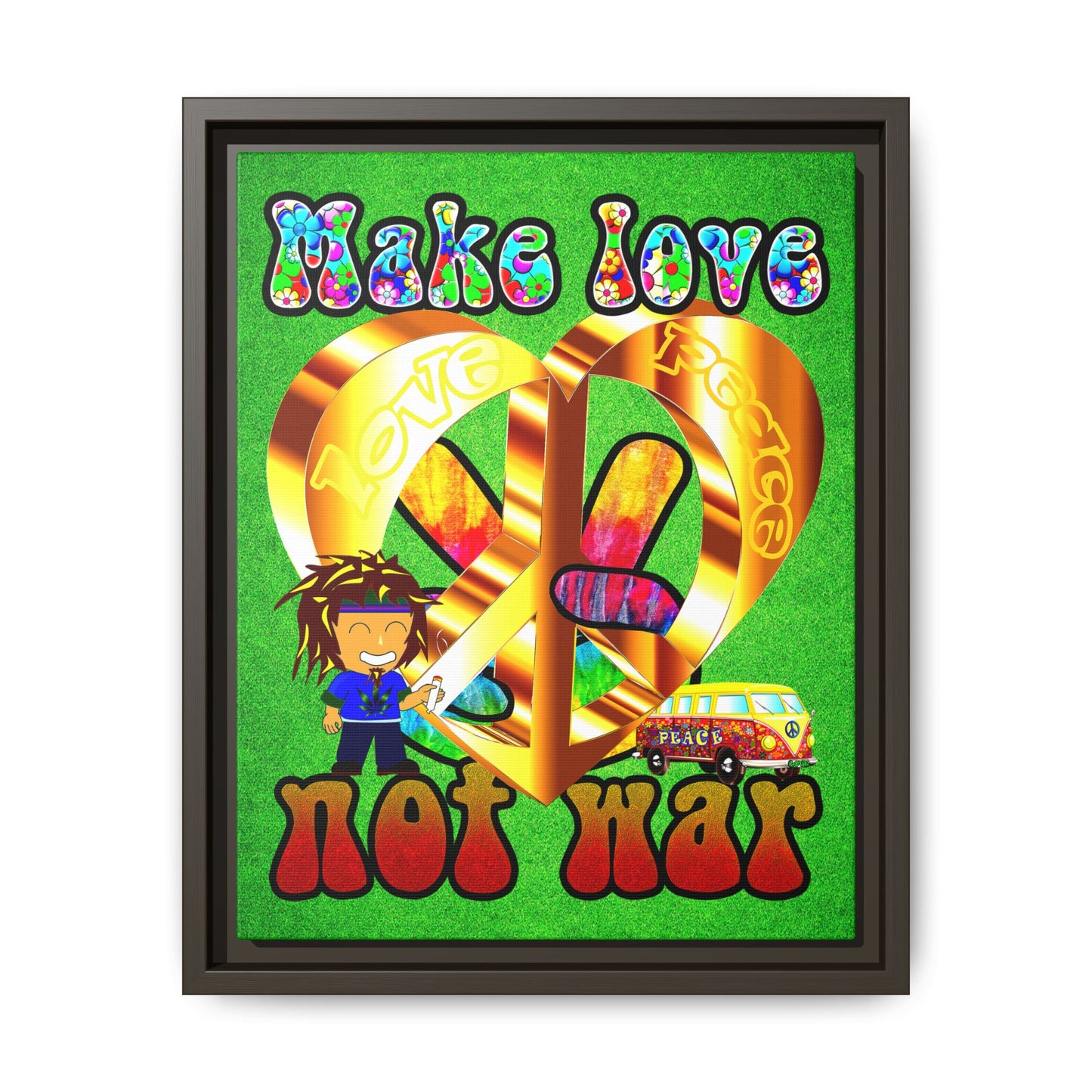 love peace - framed canvas art (green turf)