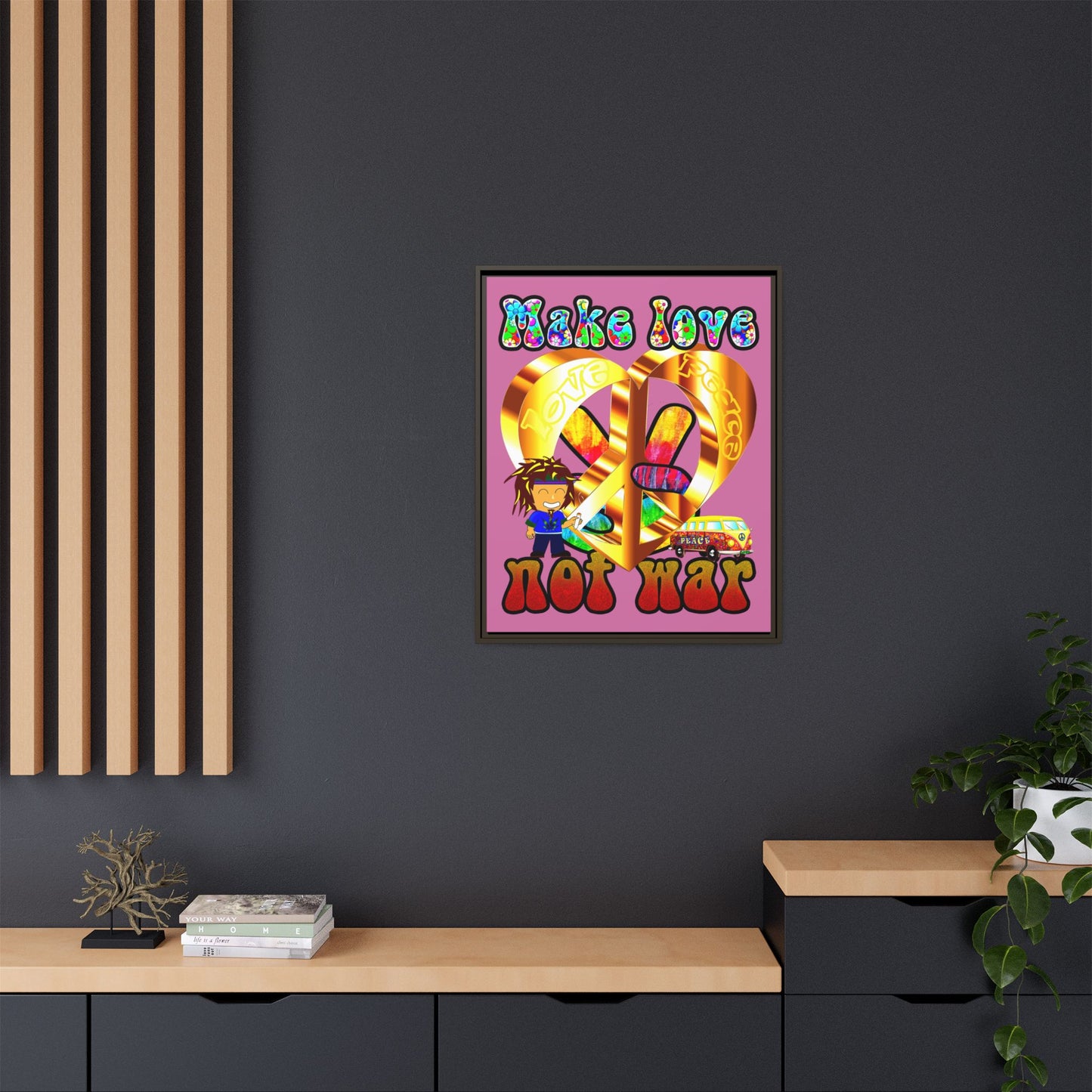 love peace - framed canvas art (light pink)