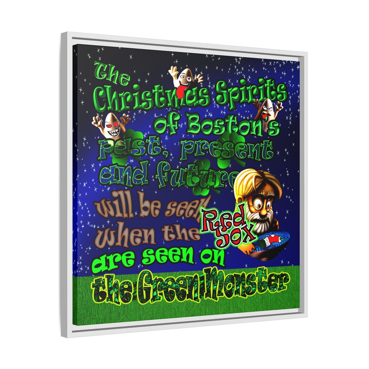 christmas spirits of boston - framed canvas art ('snoops' background)