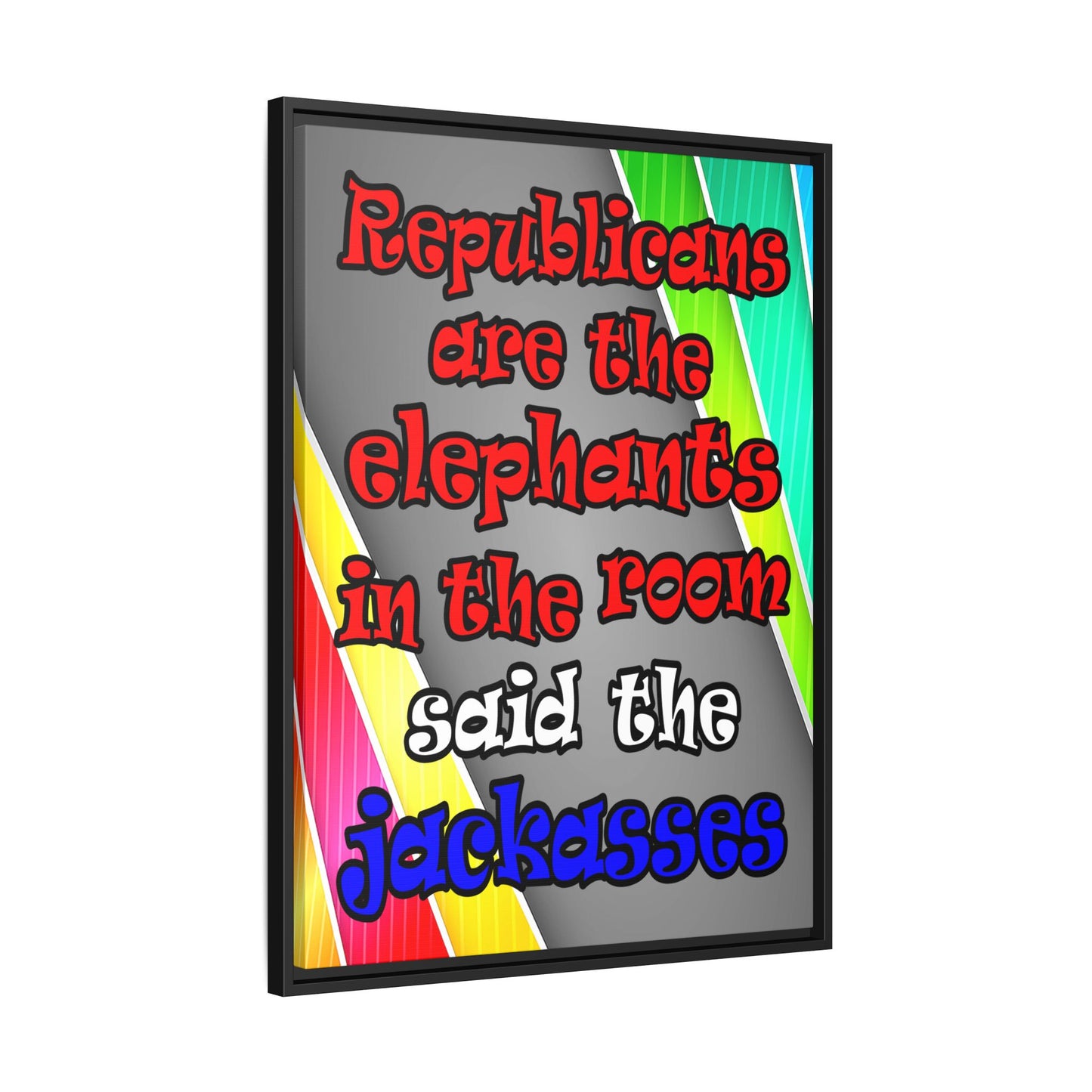 donkeys and elephants - framed canvas art (rainbow split)