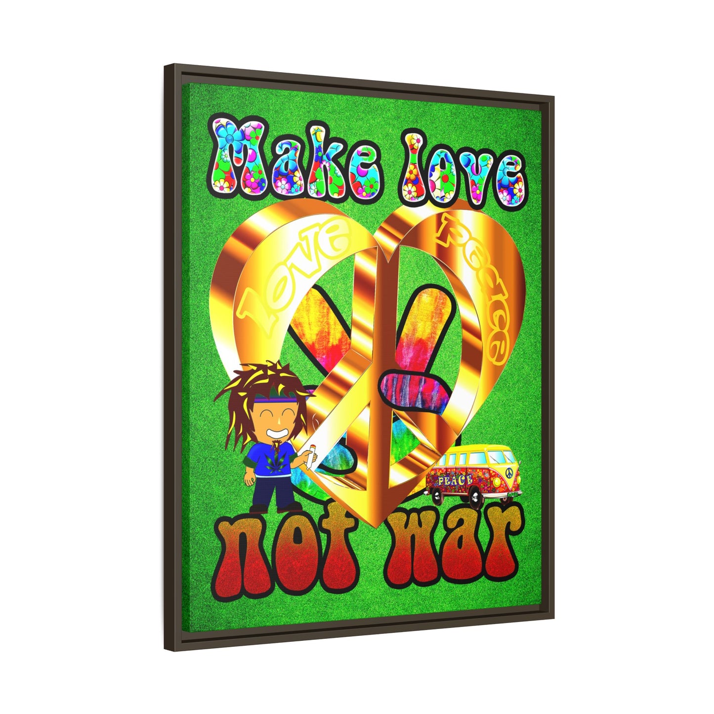 love peace - framed canvas art (green turf)