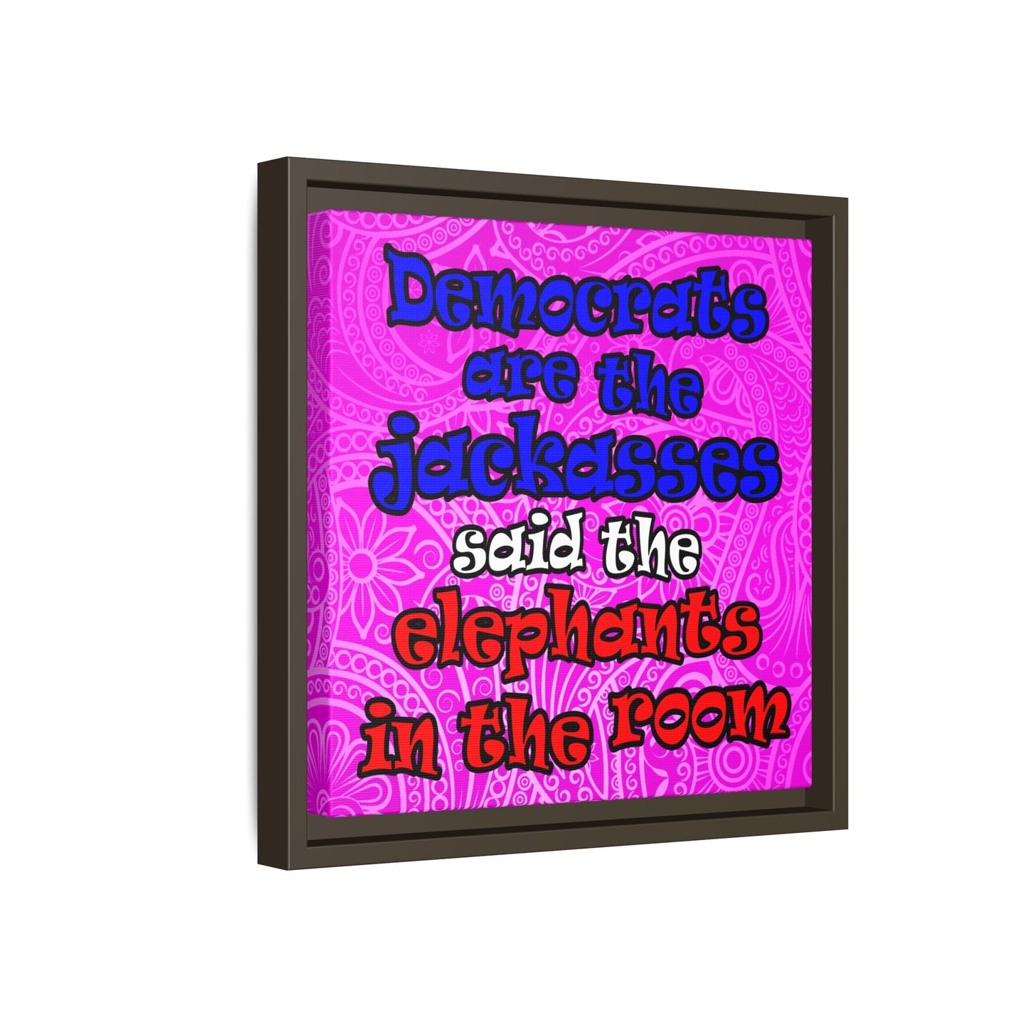 donkeys and elephants - framed canvas art (pink swirl)