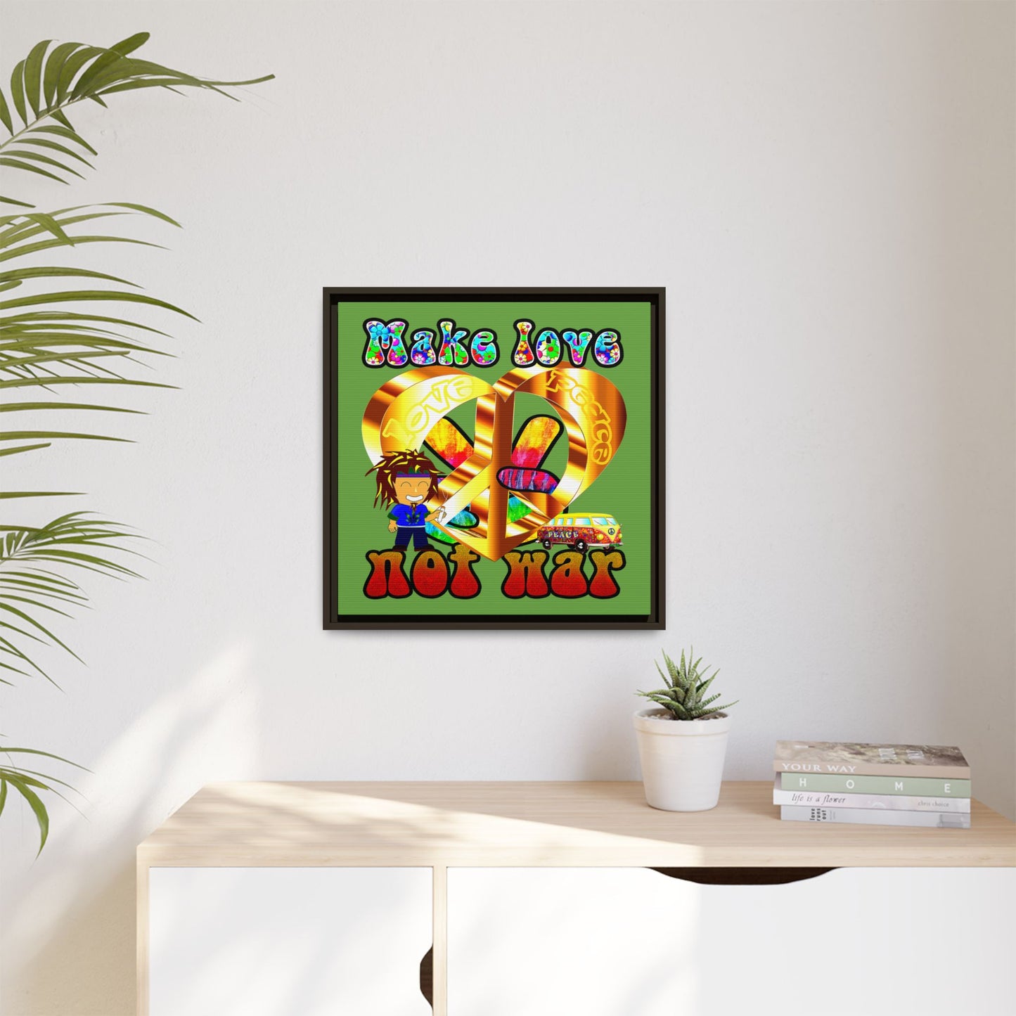 love peace - framed canvas art (green)