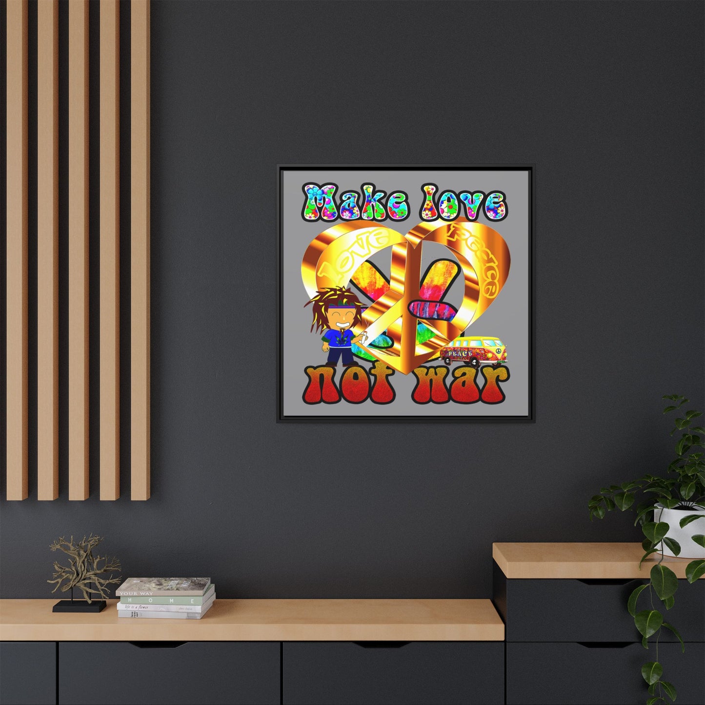 love peace - framed canvas art (grey)