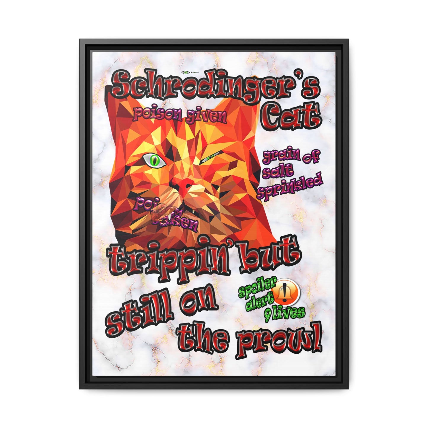 schrodinger's cat - framed canvas art (white marble)