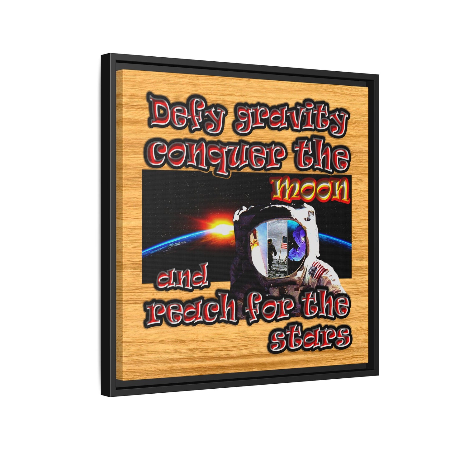 defy conquer reach - framed canvas art (butterscotch wood finish)