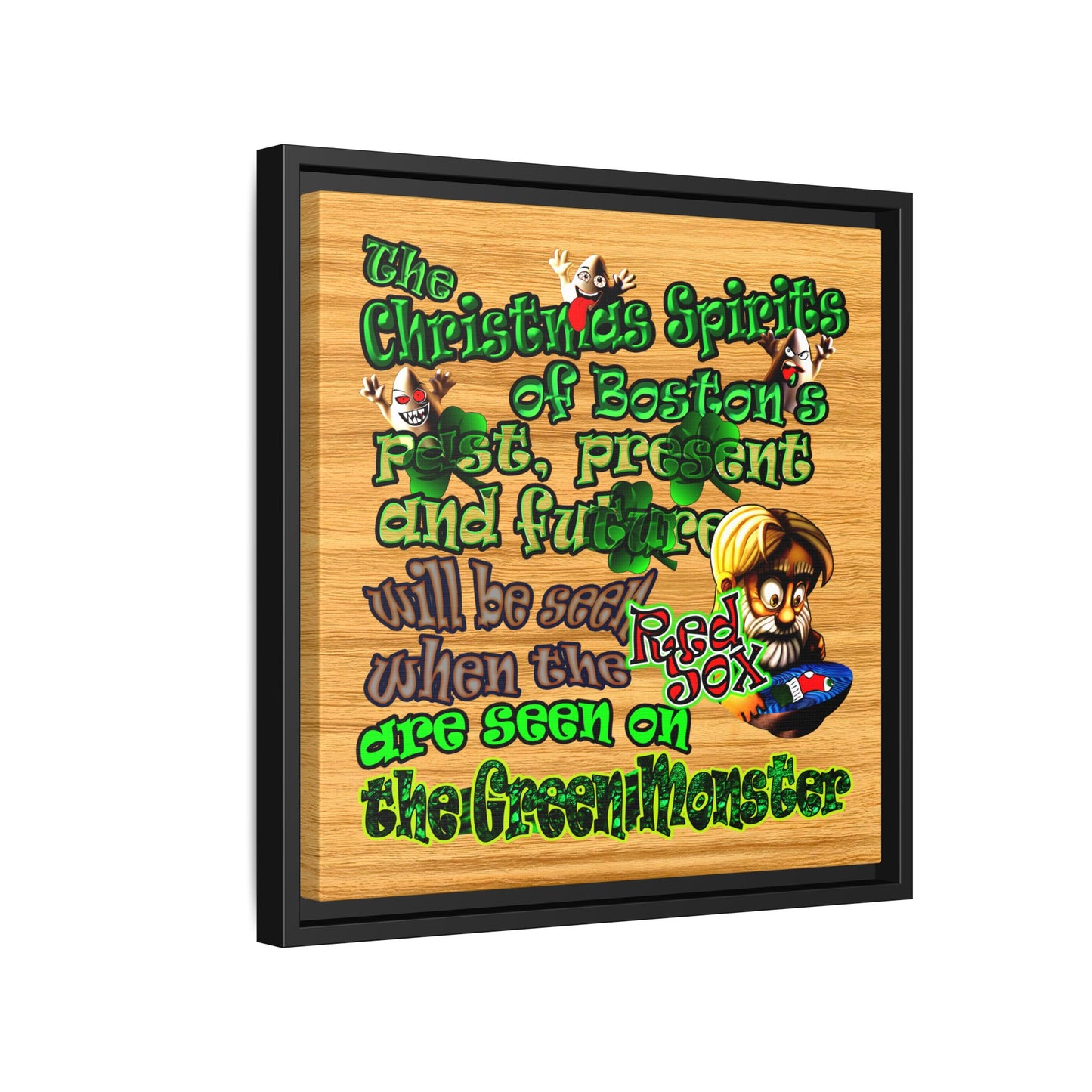 christmas spirits of boston - framed canvas art (butterscotch wood finish)