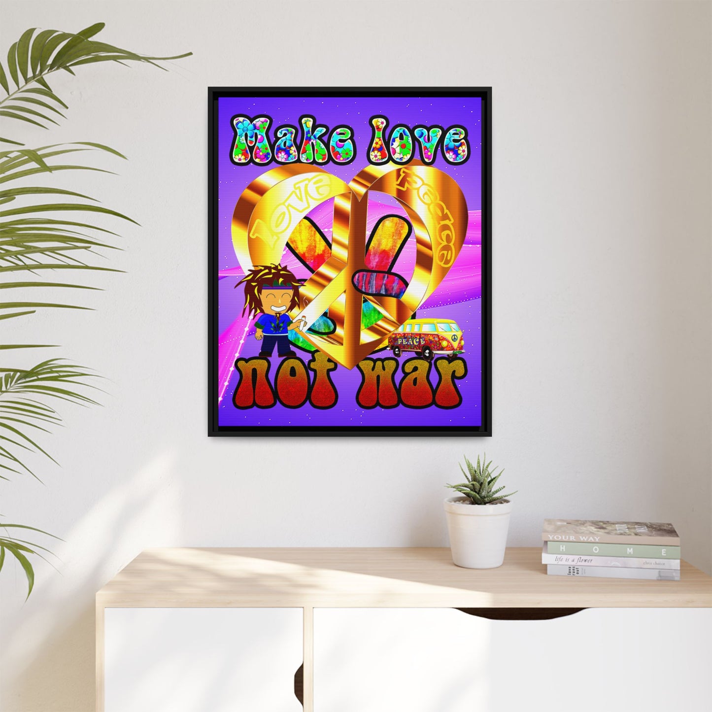 love peace - framed canvas art (purple-pink wave)