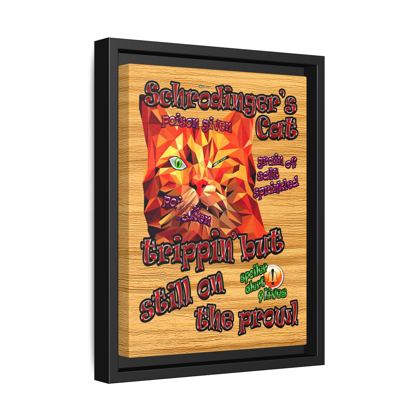 schrodinger's cat - framed canvas art (butterscotch wood finish)