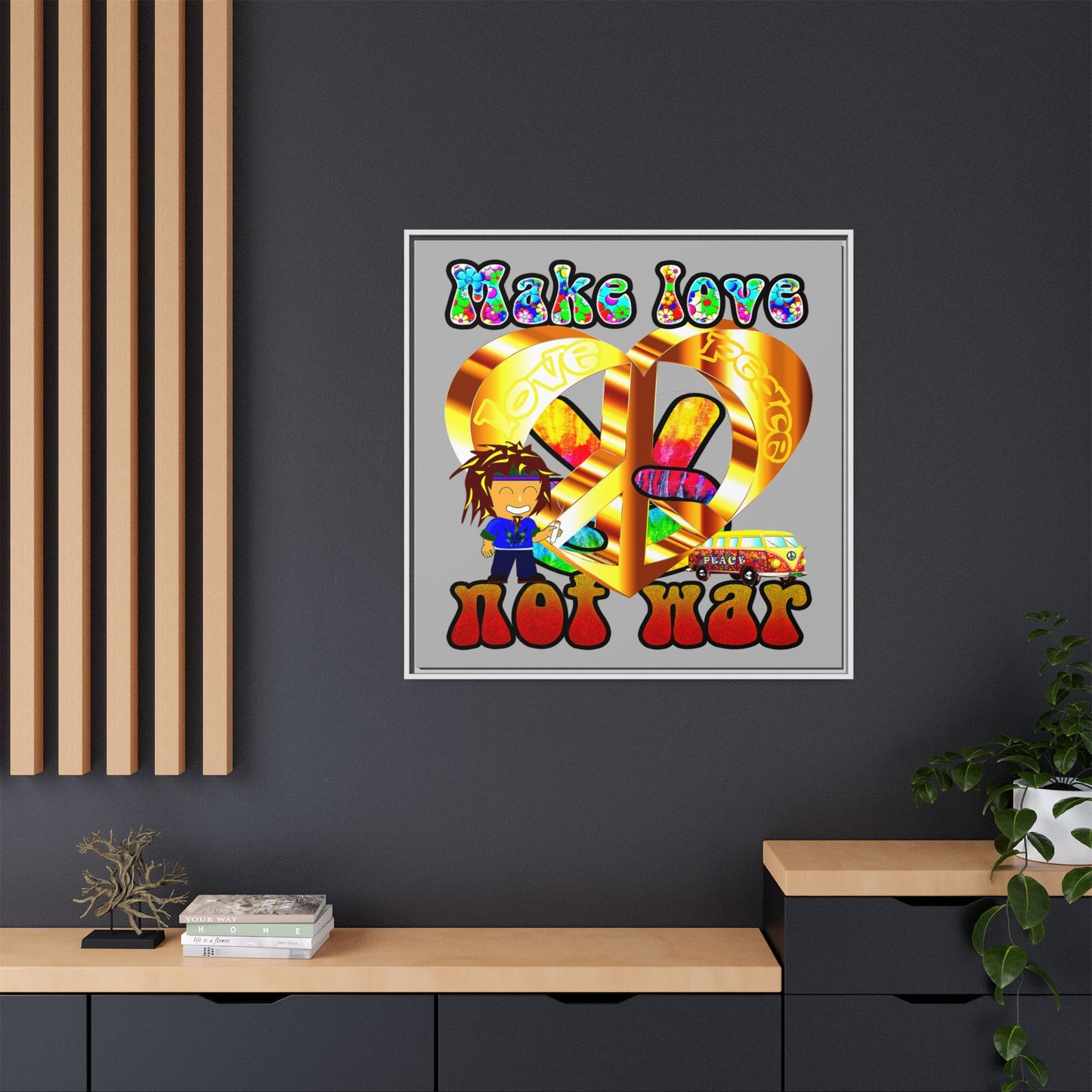 love peace - framed canvas art (light grey)