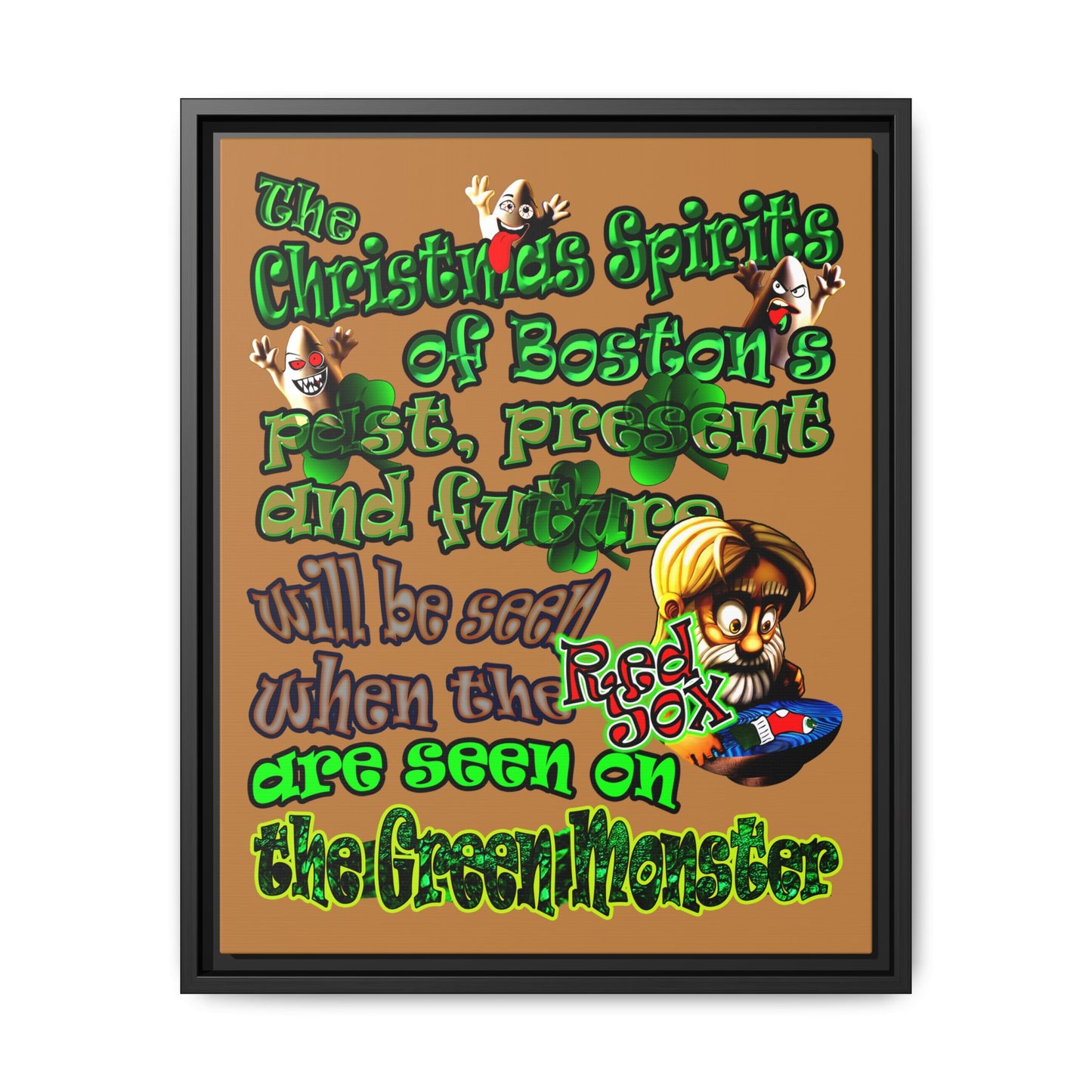 christmas spirits of boston - framed canvas art (light brown)