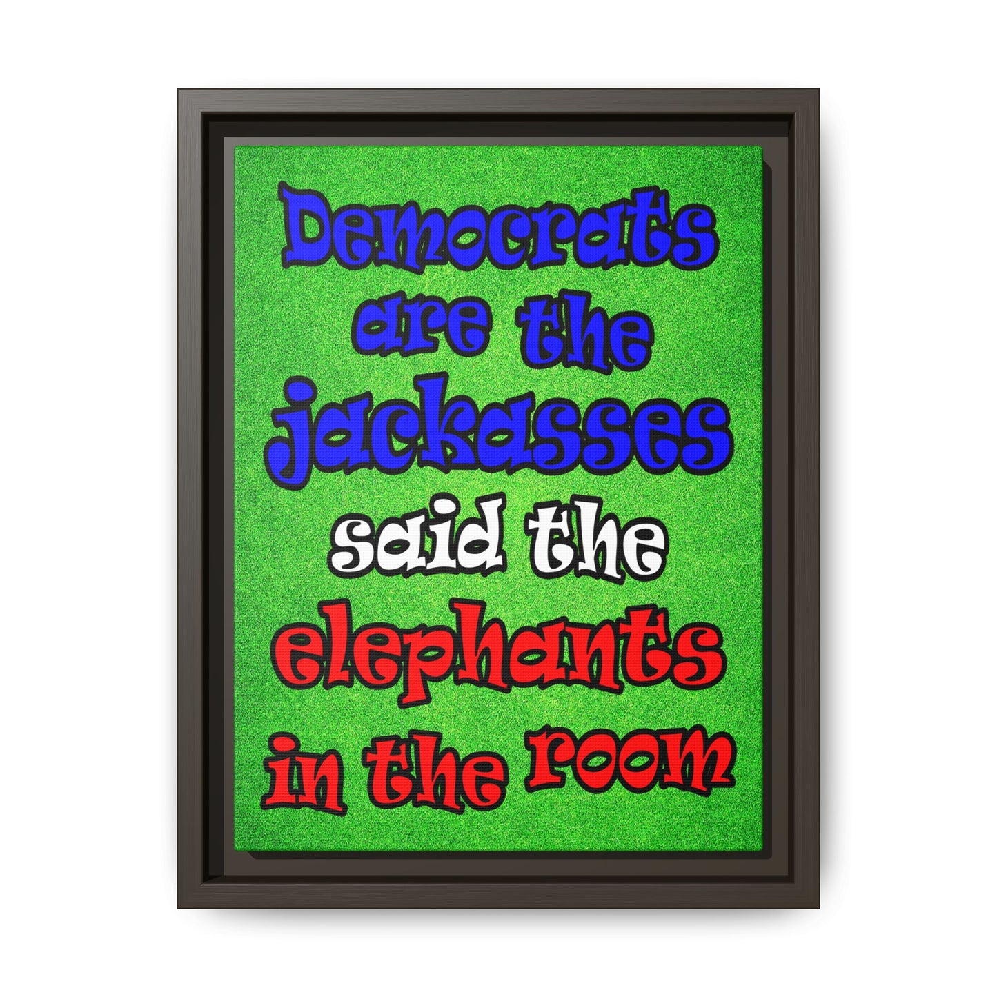 donkeys and elephants - framed canvas art (green turf)