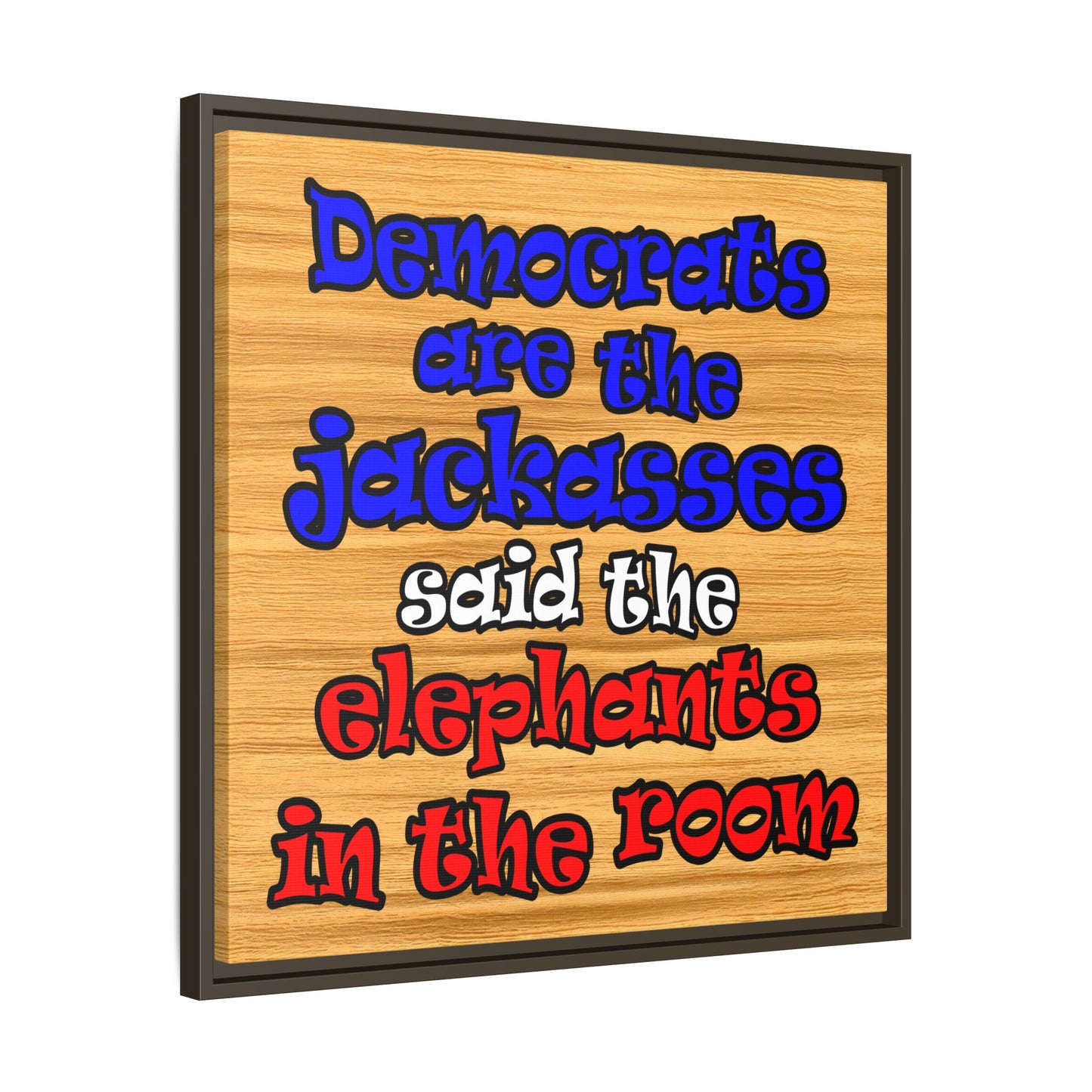 donkeys and elephants - framed canvas art (butterscotch wood finish)