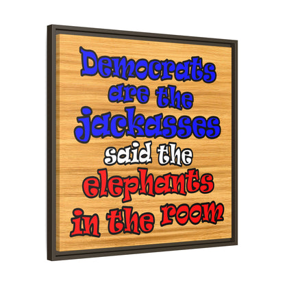 donkeys and elephants - framed canvas art (butterscotch wood finish)