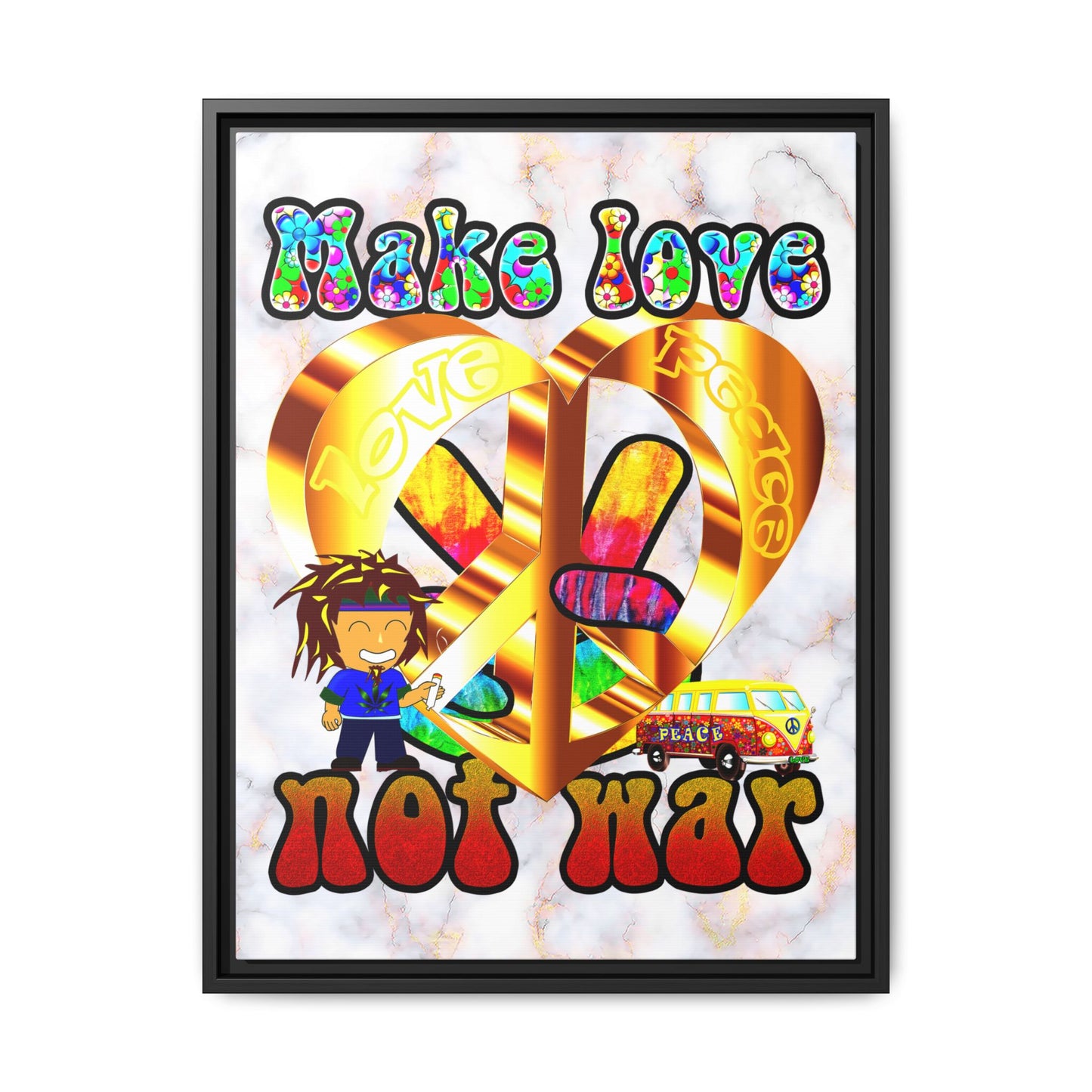 love peace - framed canvas art (white marble)