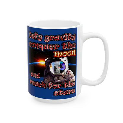 defy conquer reach - White Mug (dark blue)