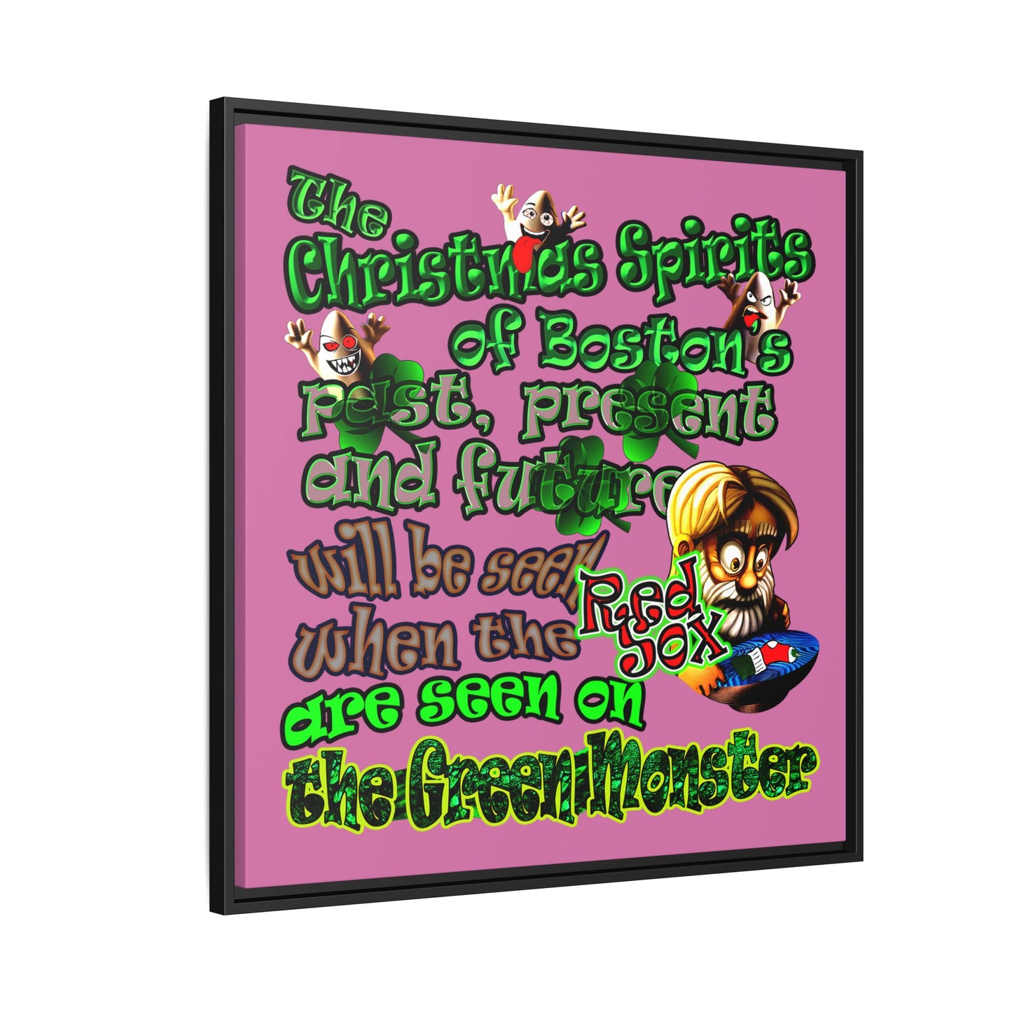 christmas spirits of boston - framed canvas art (light pink)