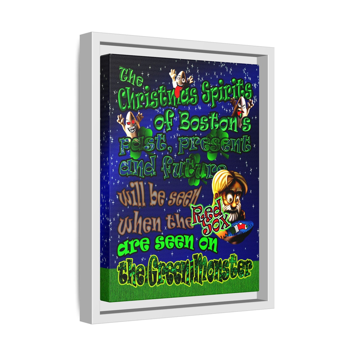 christmas spirits of boston - framed canvas art ('snoops' background)