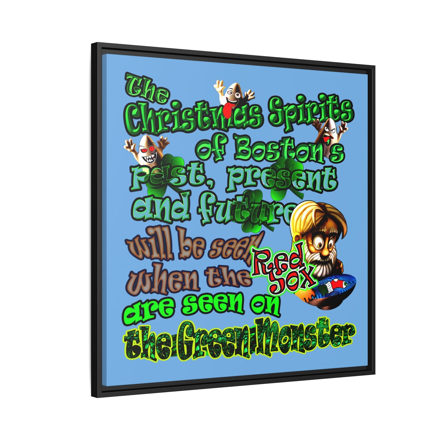 christmas spirits of boston - framed canvas art (light blue)