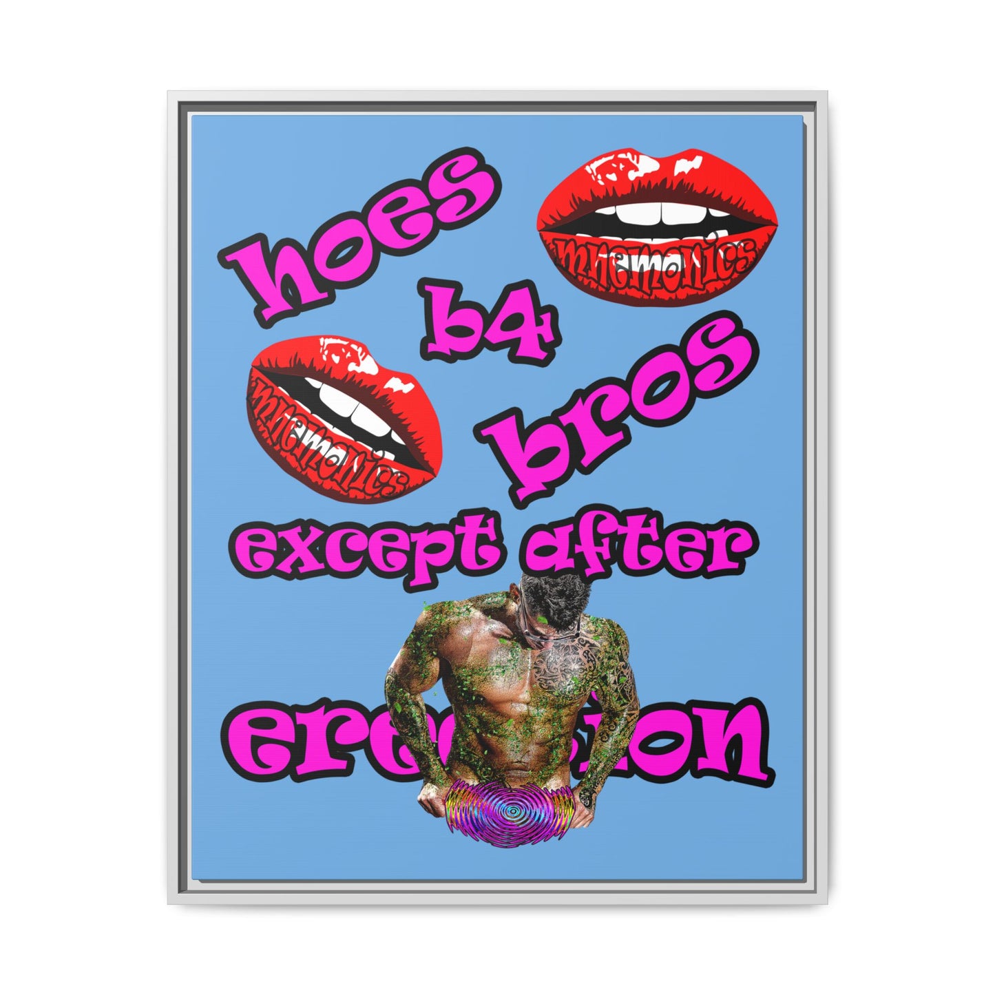 hoes b4 bros - framed canvas art (light blue)