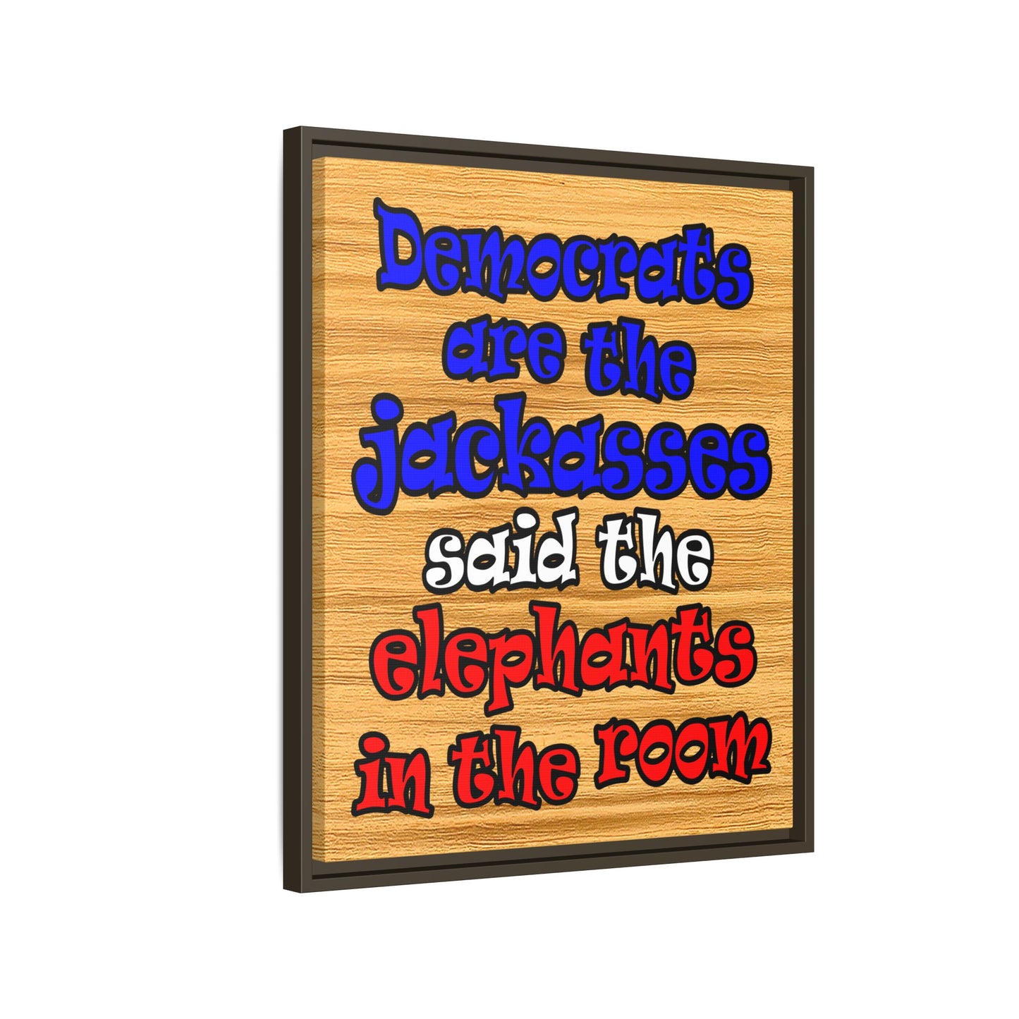 donkeys and elephants - framed canvas art (butterscotch wood finish)