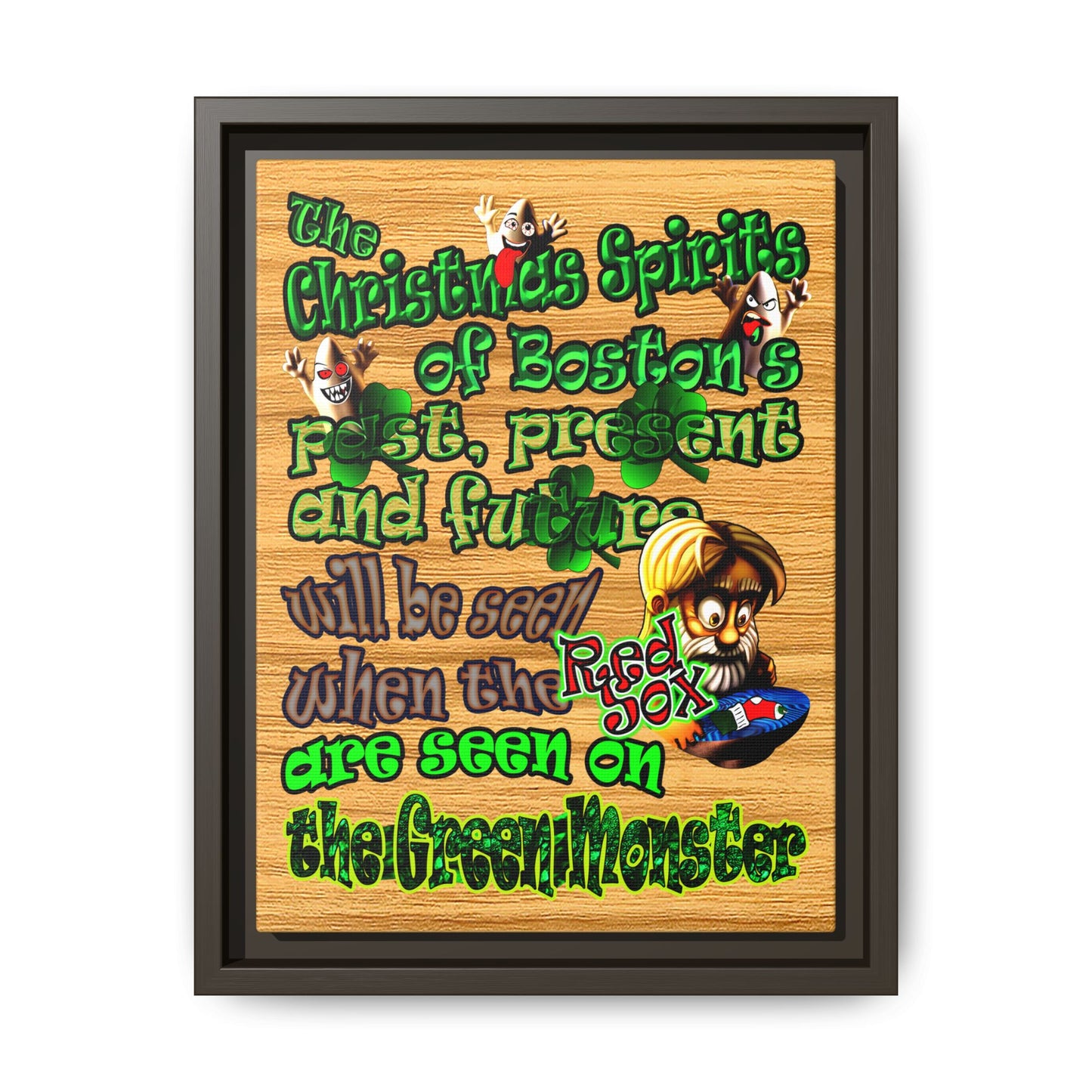 christmas spirits of boston - framed canvas art (butterscotch wood finish)