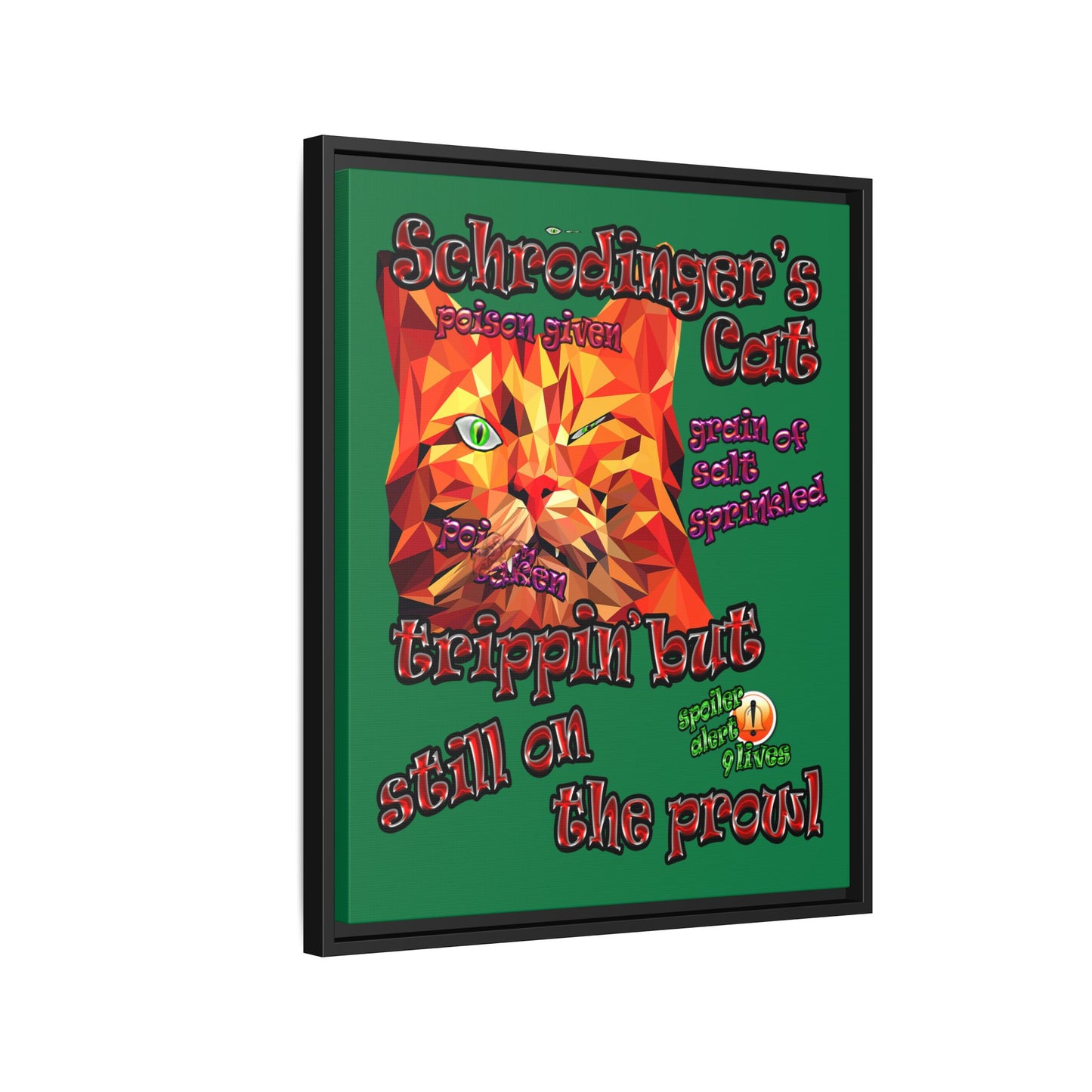 schrodinger's cat - framed canvas art (dark green)