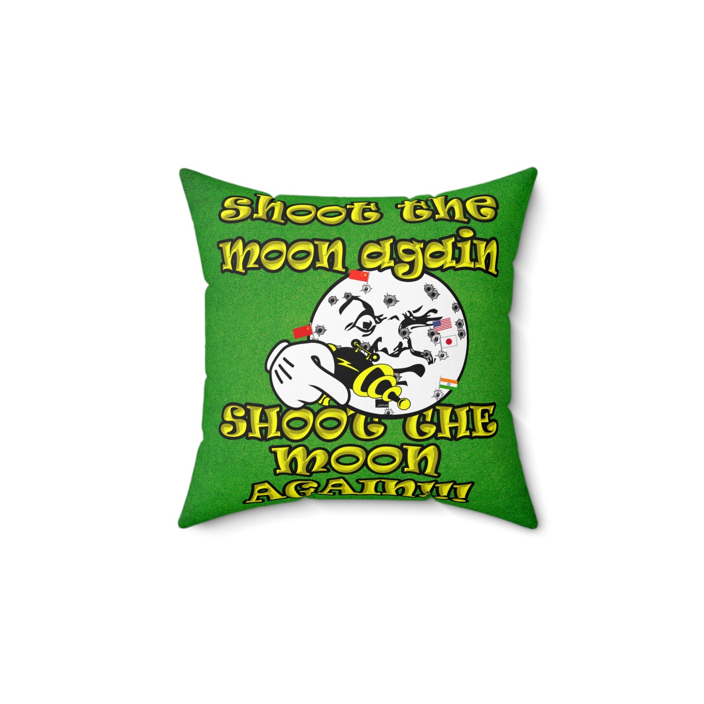 shoot the moon again - Spun Polyester Square Pillow - (green turf)