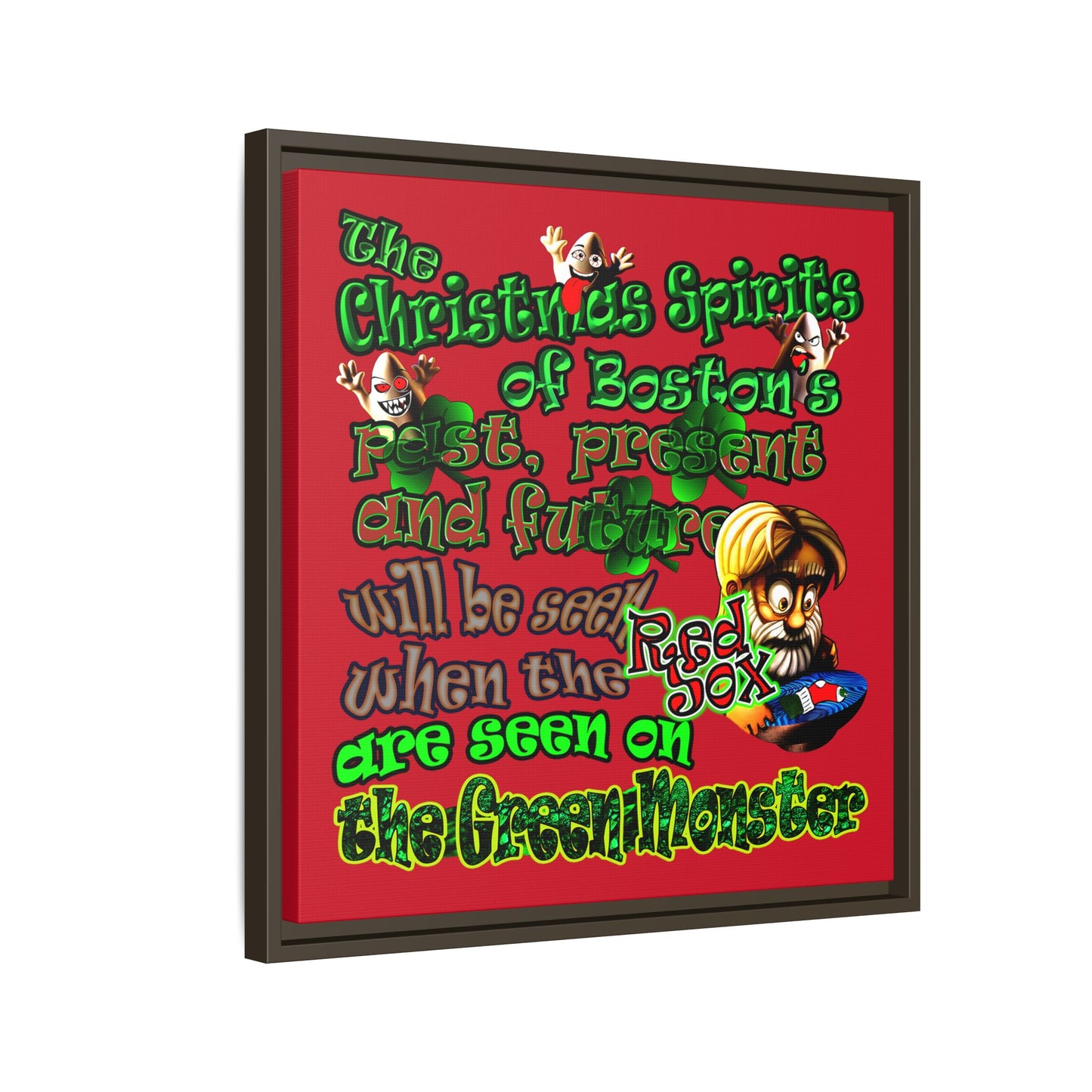 christmas spirits of boston - framed canvas art (dark red)