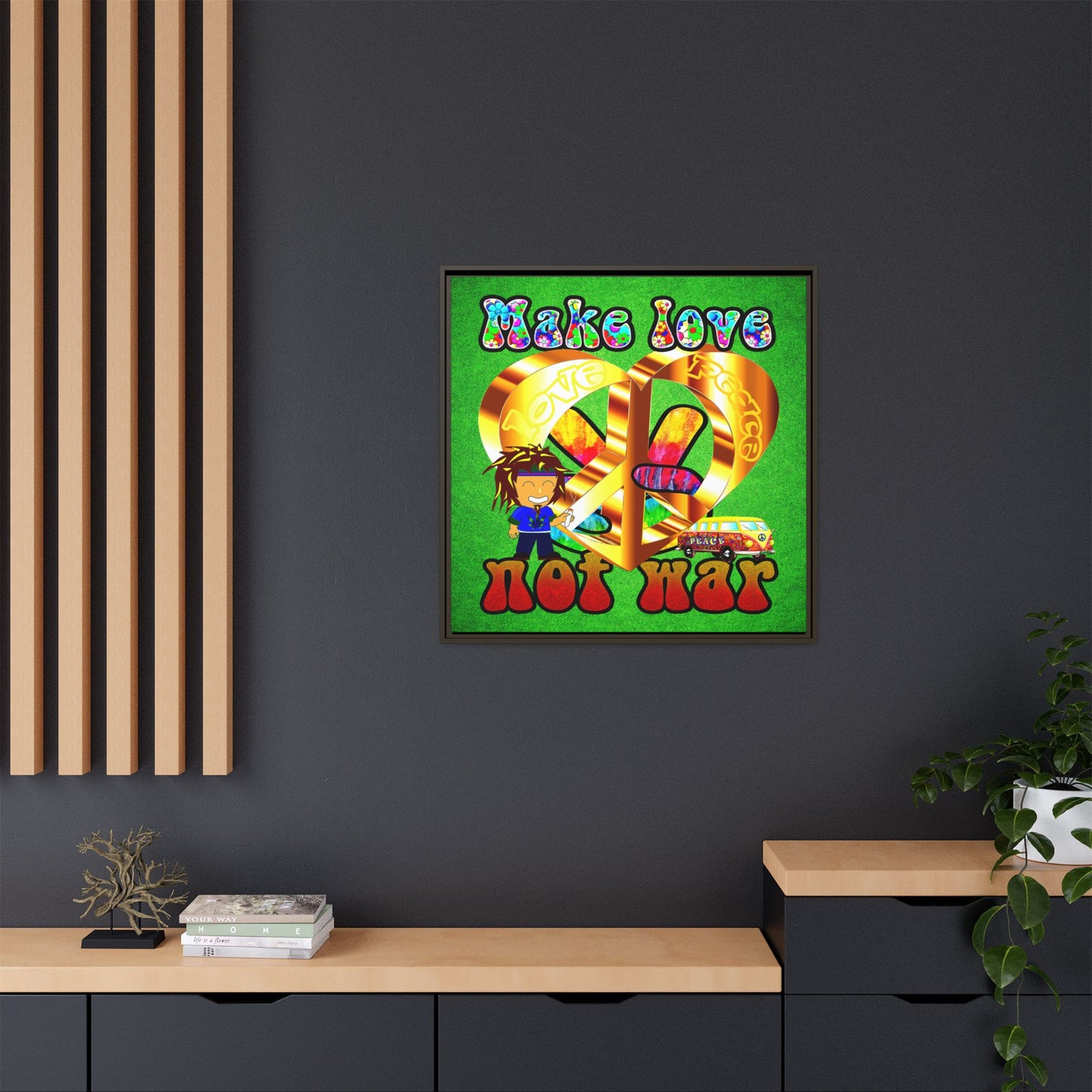 love peace - framed canvas art (green turf)