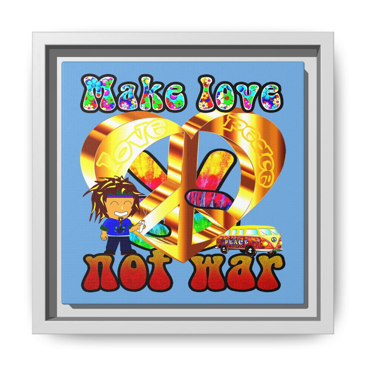 love peace - framed canvas art (light blue)