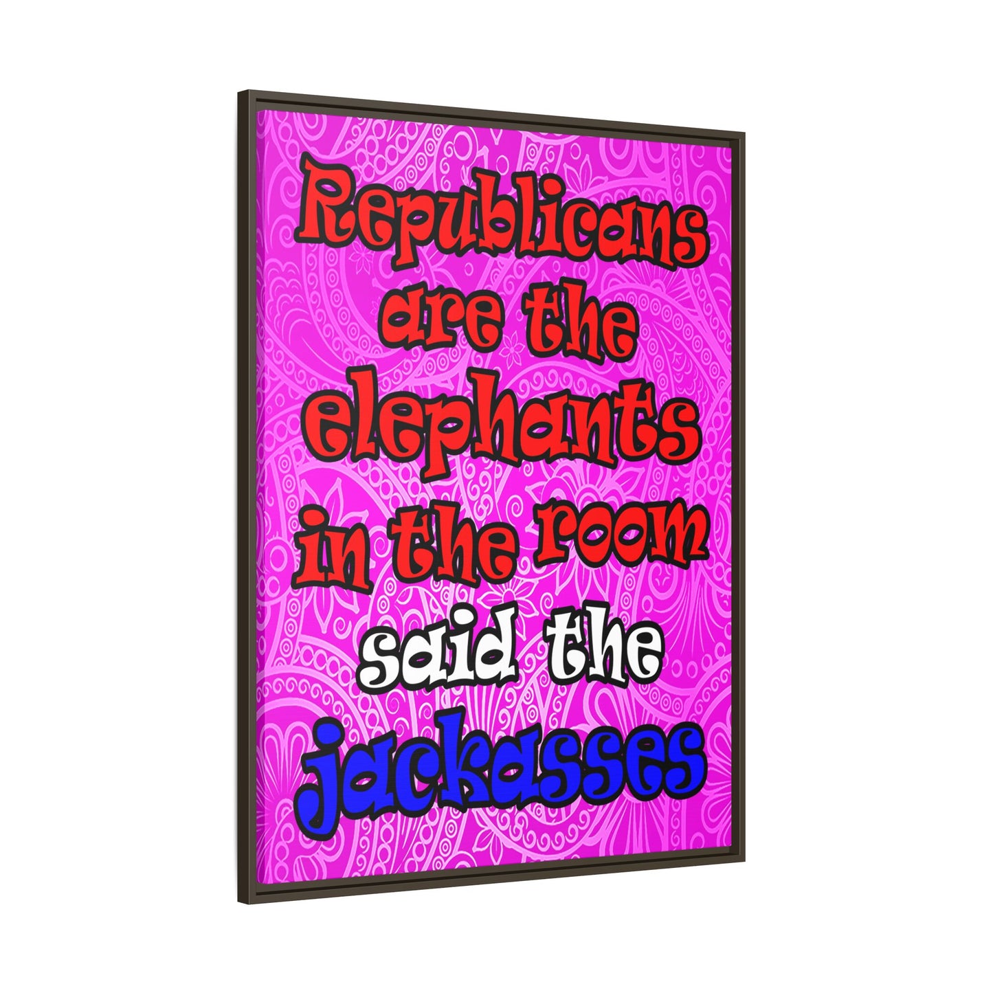 donkeys and elephants - framed canvas art (pink swirl)